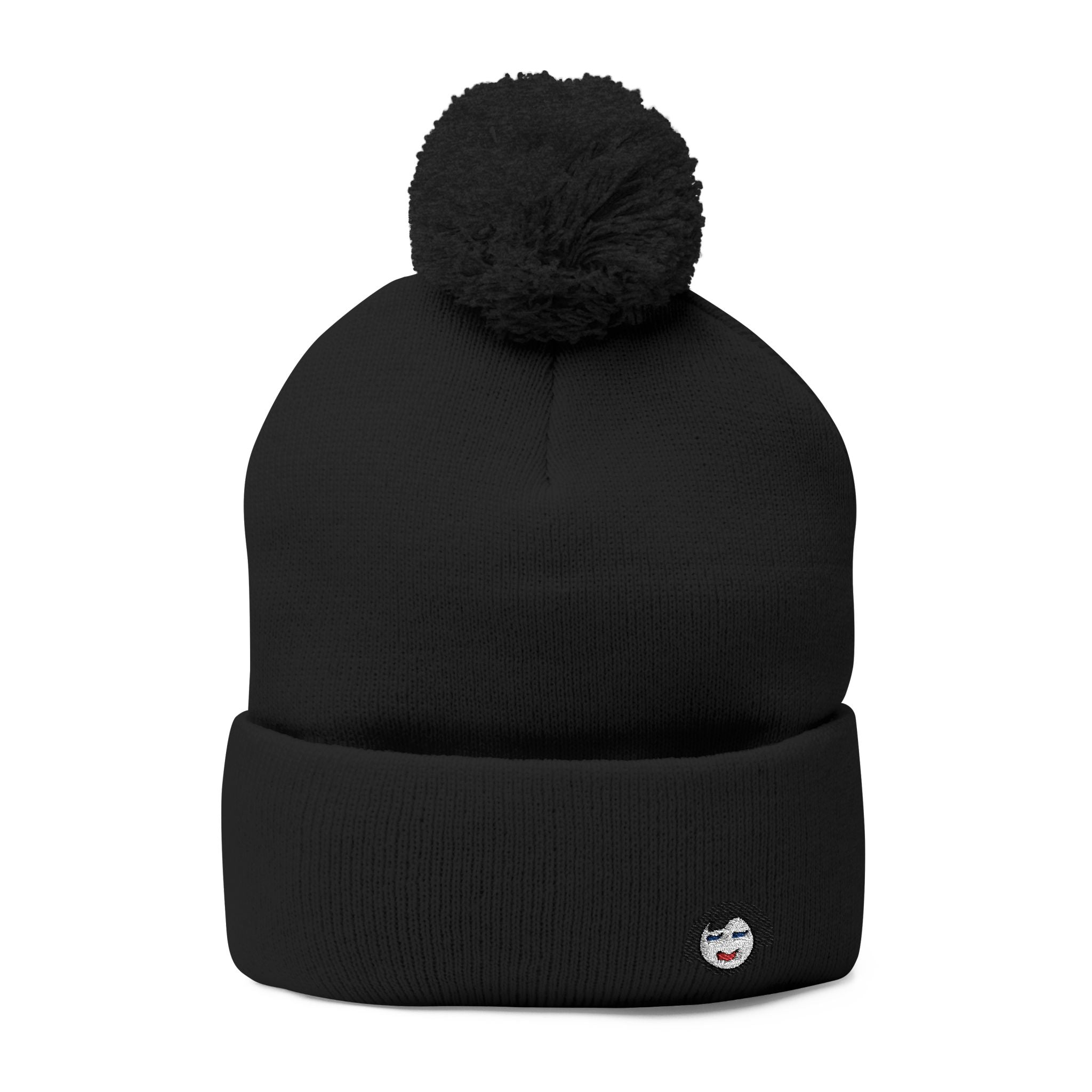 Cat Face Embroidery Beanie | Pom-Pom Knit Cap, Grey Fold-Over Cuff