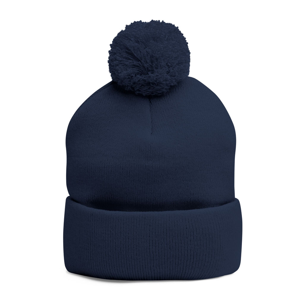 Cat Face Embroidery Beanie | Pom-Pom Knit Cap, Grey Fold-Over Cuff