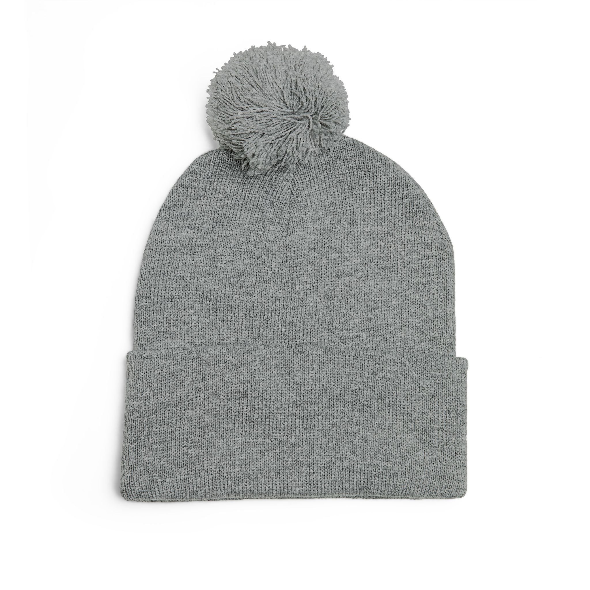 Cat Face Embroidery Beanie | Pom-Pom Knit Cap, Grey Fold-Over Cuff
