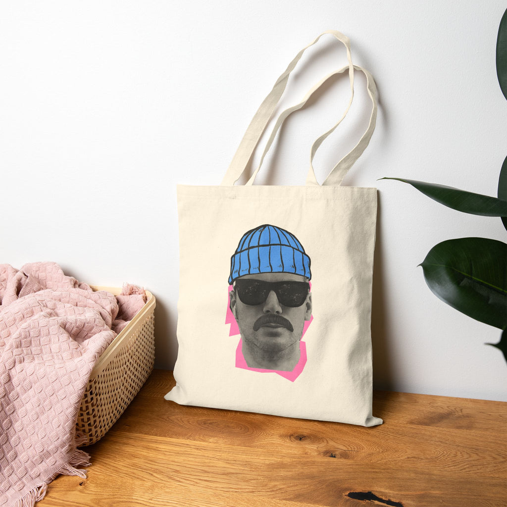 Bearded Man with Beanie Tote Bag | Retro Portrait, Sunglasses, Minimal Art