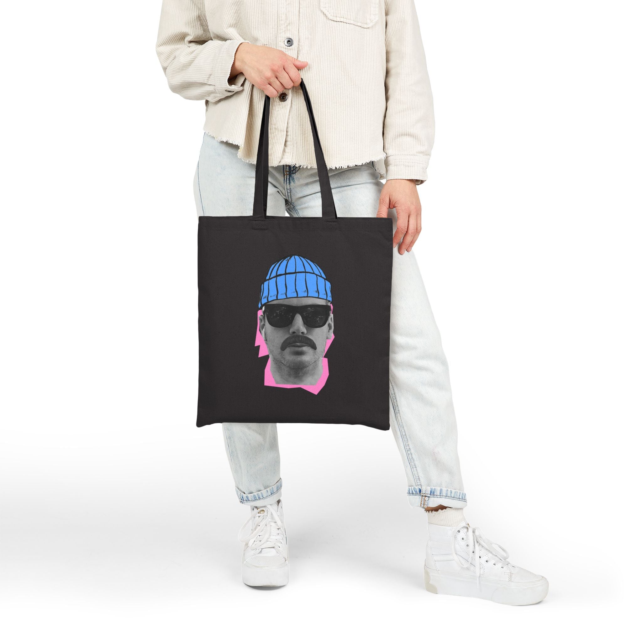 Bearded Man with Beanie Tote Bag | Retro Portrait, Sunglasses, Minimal Art