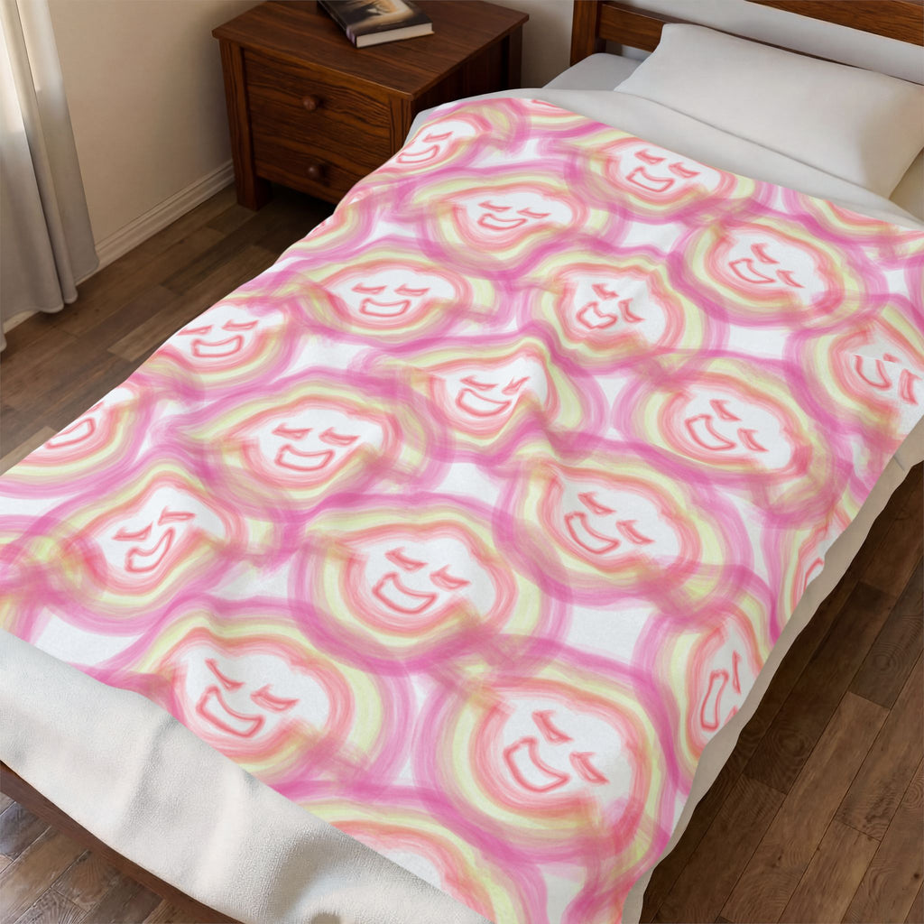 Smiling Rainbow Faces Velveteen Plush Blanket | Pink Watercolor Pattern