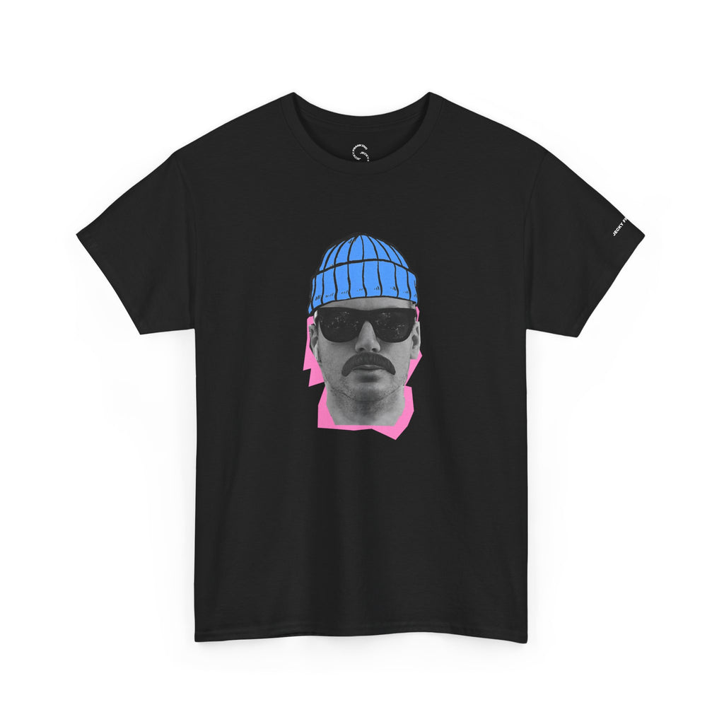 JF Mustached Man with BLU Beanie T-Shirt | Retro Portrait, Sunglasses, Vaporwave Accent