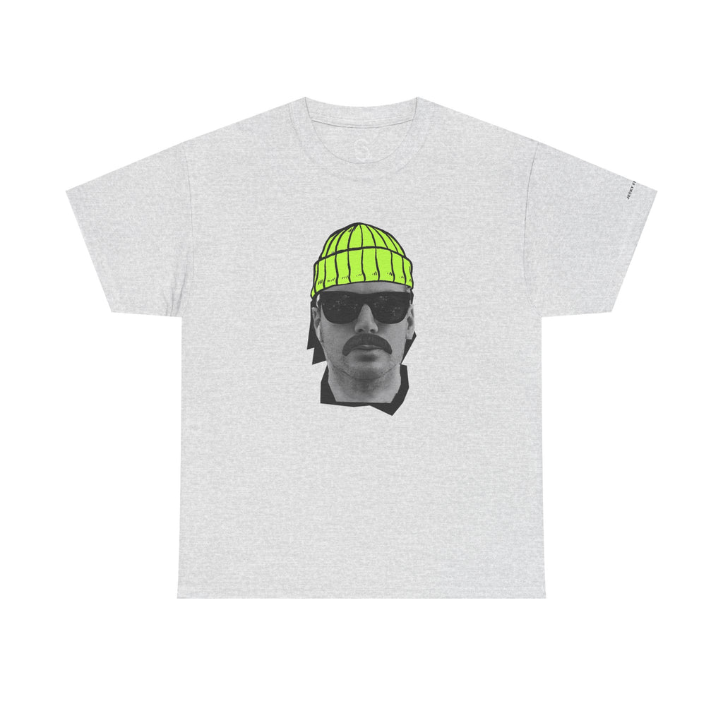 Mustached Man JF FACE with Beanie T-Shirt | Retro Portrait, Sunglasses, Vaporwave Accent