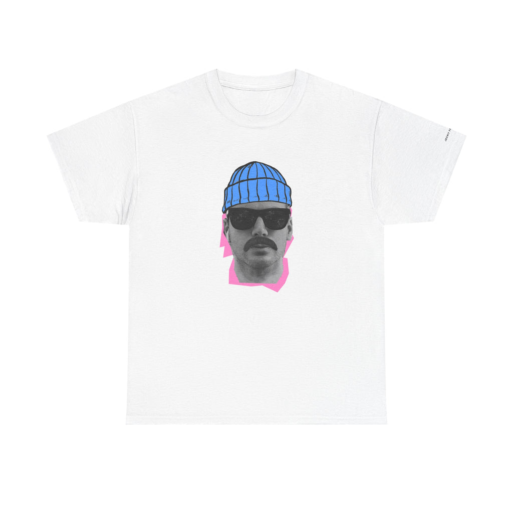 JF Mustached Man with BLU Beanie T-Shirt | Retro Portrait, Sunglasses, Vaporwave Accent