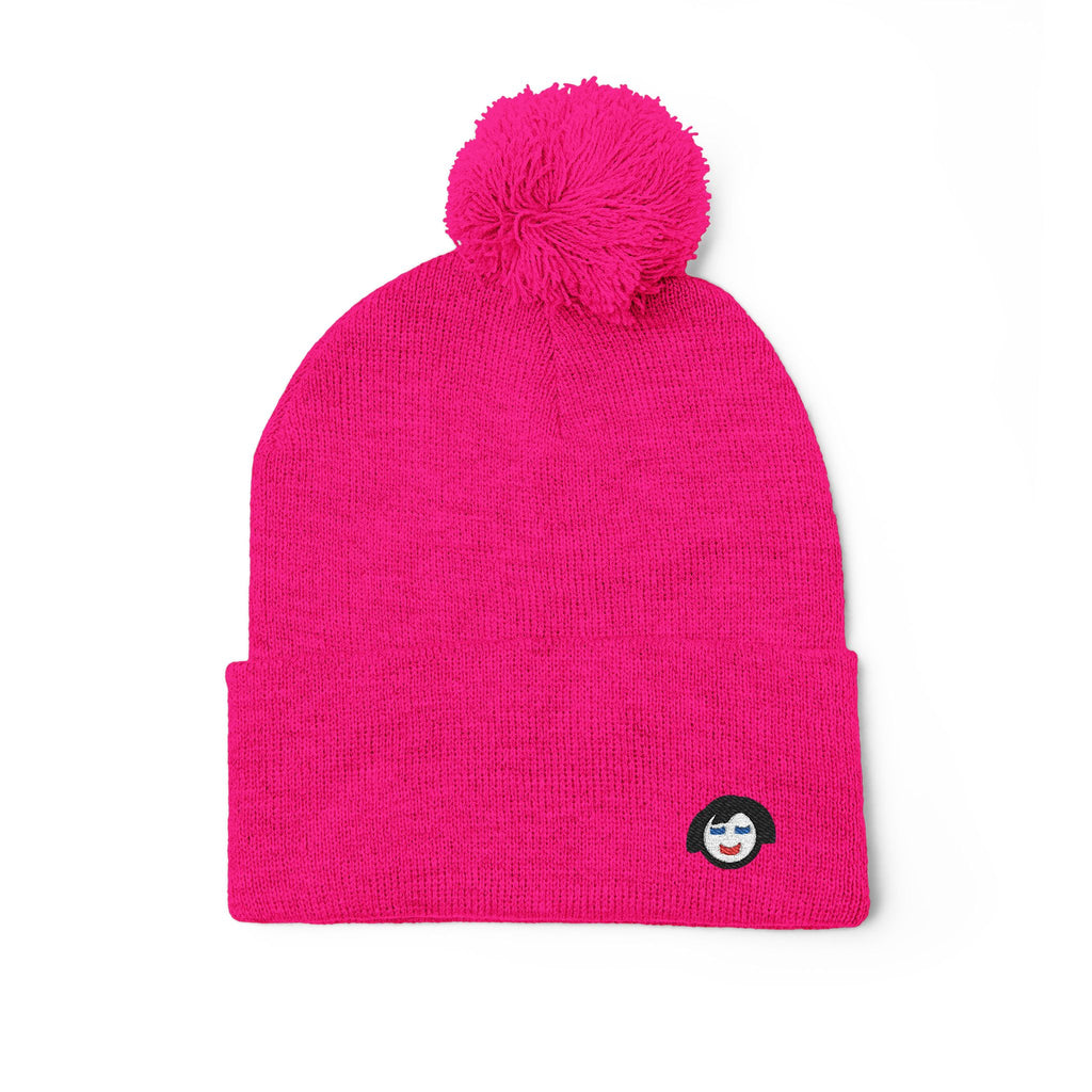 Cat Face Embroidery Beanie | Pom-Pom Knit Cap, Grey Fold-Over Cuff