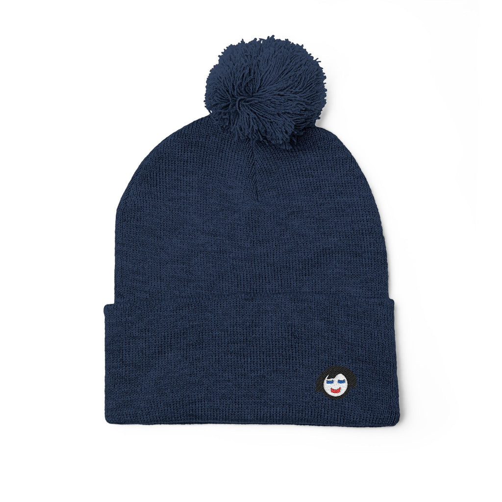 Cat Face Embroidery Beanie | Pom-Pom Knit Cap, Grey Fold-Over Cuff