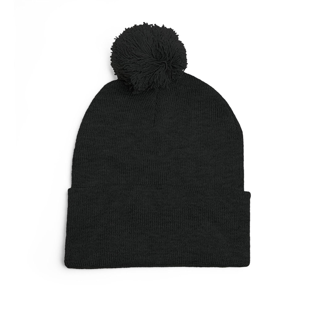 Cat Face Embroidery Beanie | Pom-Pom Knit Cap, Grey Fold-Over Cuff