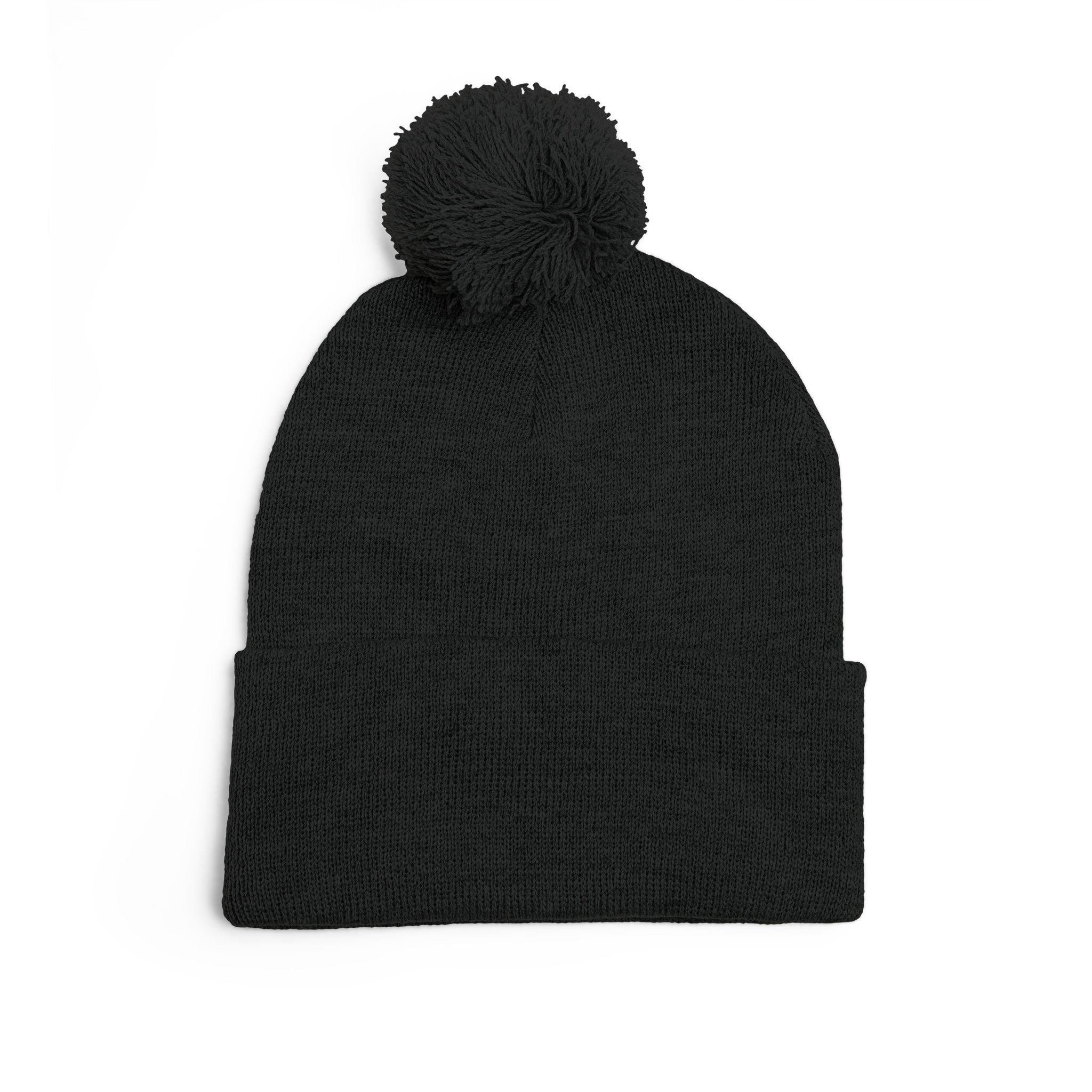 Cat Face Embroidery Beanie | Pom-Pom Knit Cap, Grey Fold-Over Cuff