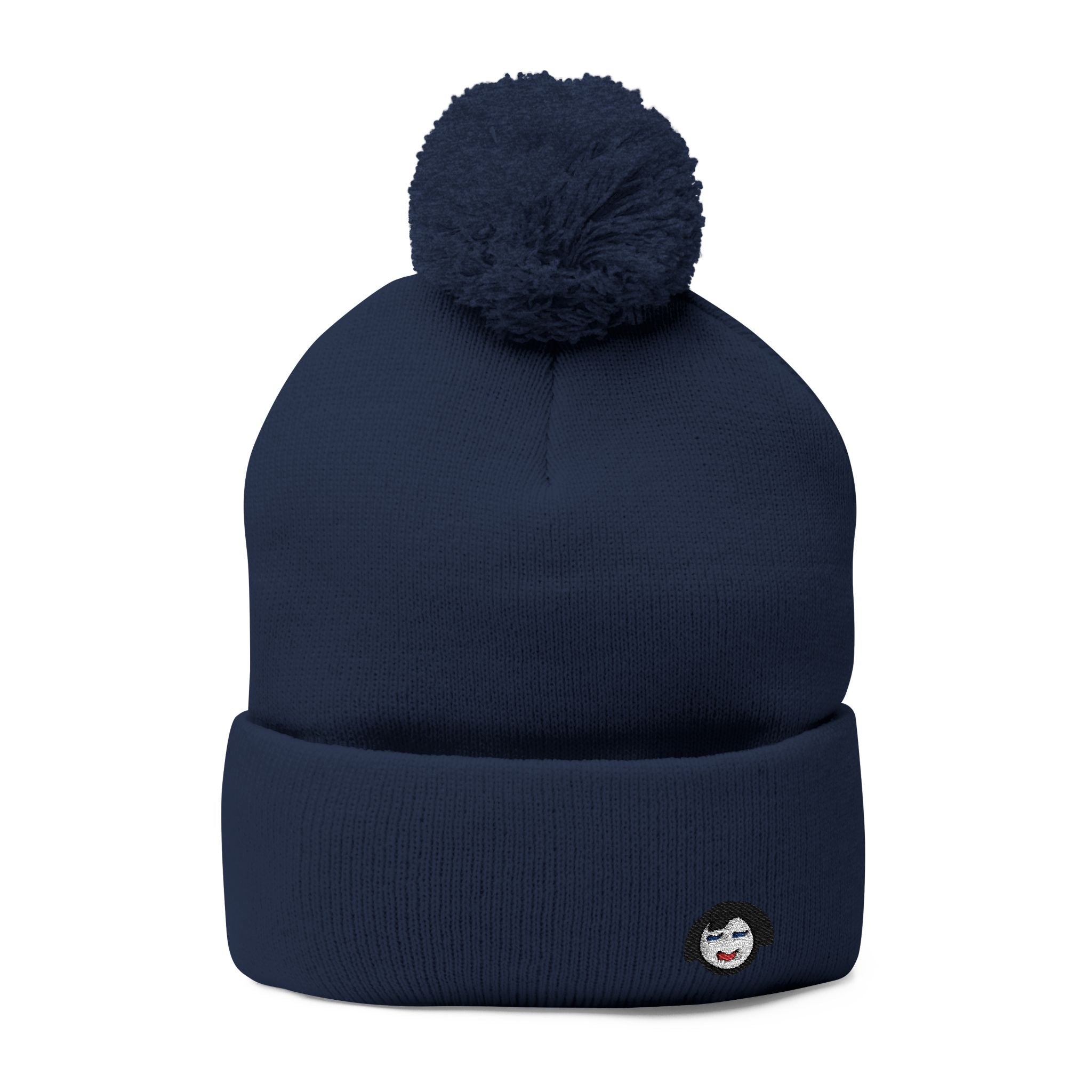 Cat Face Embroidery Beanie | Pom-Pom Knit Cap, Grey Fold-Over Cuff