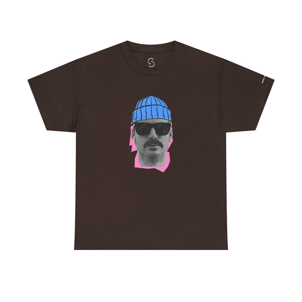 JF Mustached Man with BLU Beanie T-Shirt | Retro Portrait, Sunglasses, Vaporwave Accent