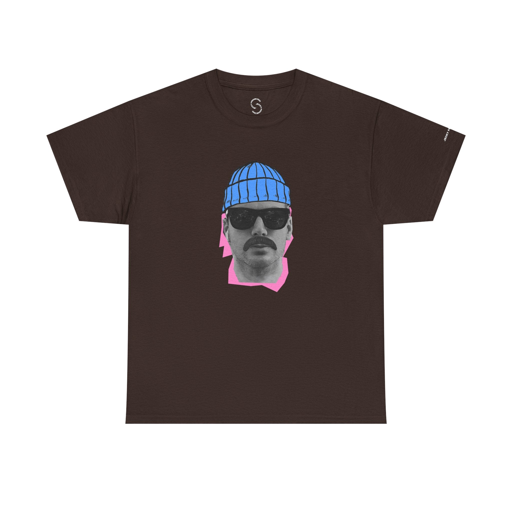 JF Mustached Man with BLU Beanie T-Shirt | Retro Portrait, Sunglasses, Vaporwave Accent