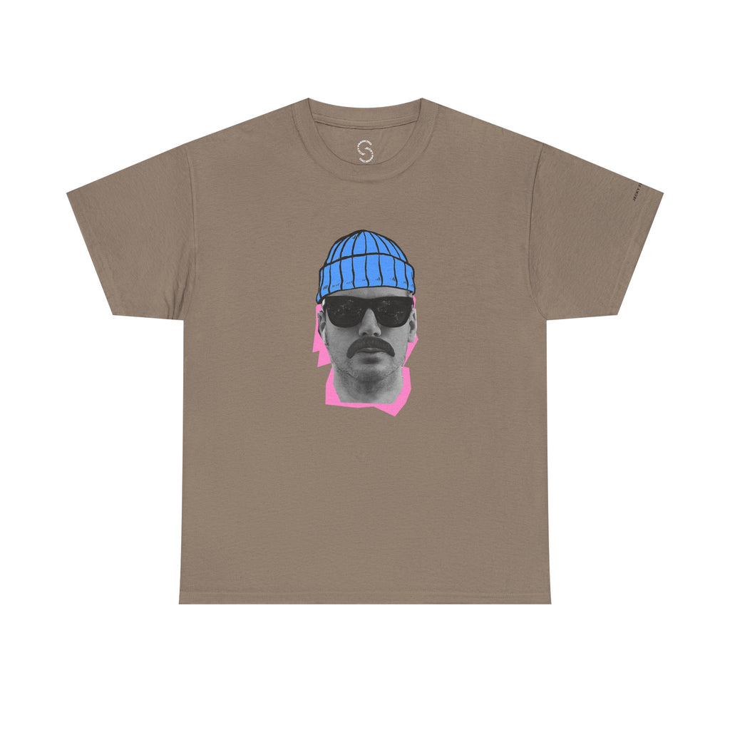 JF Mustached Man with BLU Beanie T-Shirt | Retro Portrait, Sunglasses, Vaporwave Accent