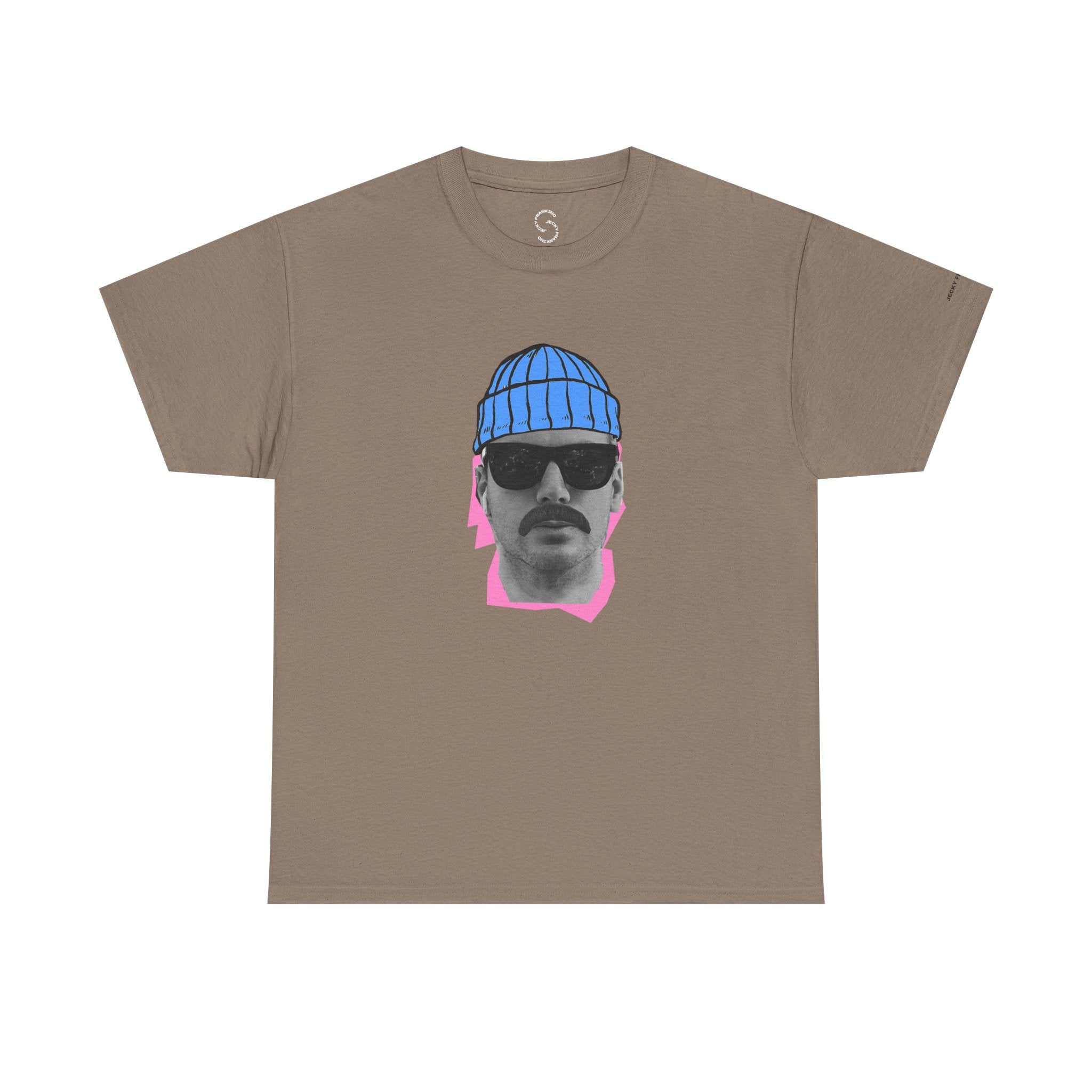 JF Mustached Man with BLU Beanie T-Shirt | Retro Portrait, Sunglasses, Vaporwave Accent