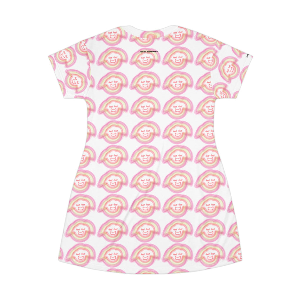 Smiling Rainbow Pattern T-Shirt Dress | Pink All-Over Print