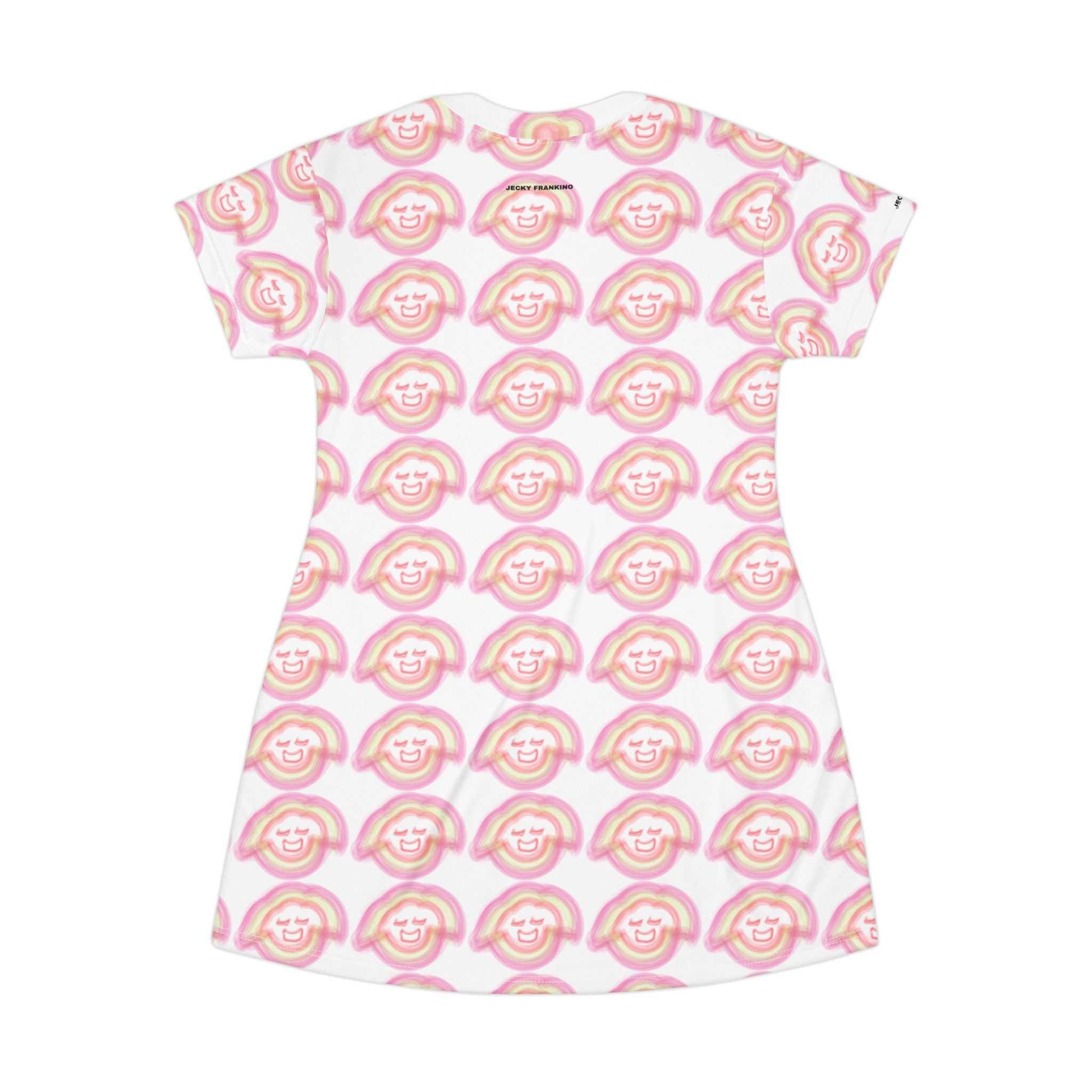 Smiling Rainbow Pattern T-Shirt Dress | Pink All-Over Print