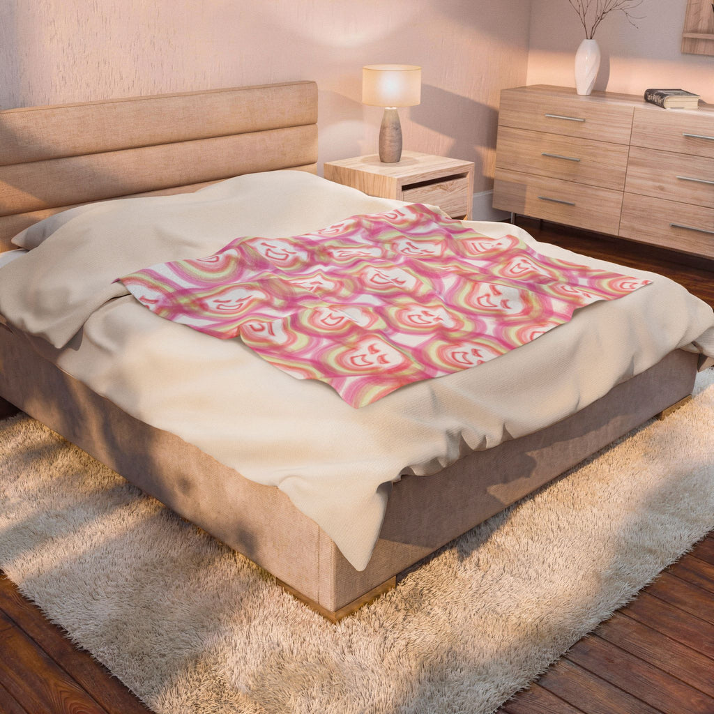 Smiling Rainbow Faces Velveteen Plush Blanket | Pink Watercolor Pattern