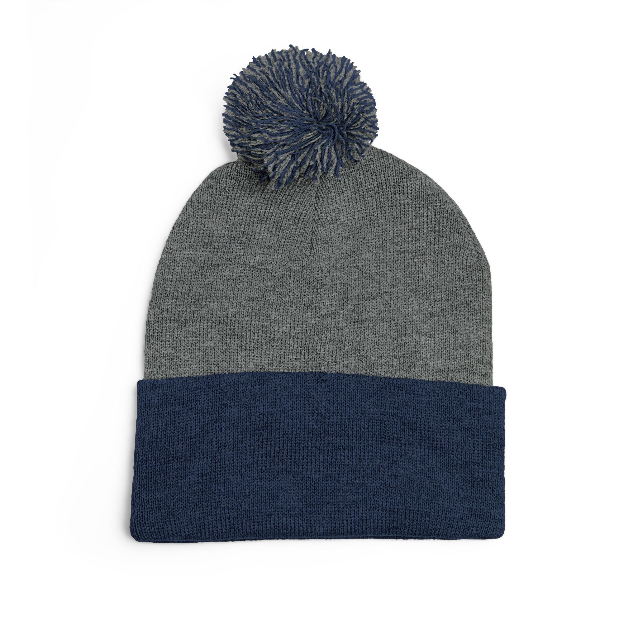 Cat Face Embroidery Beanie | Pom-Pom Knit Cap, Grey Fold-Over Cuff