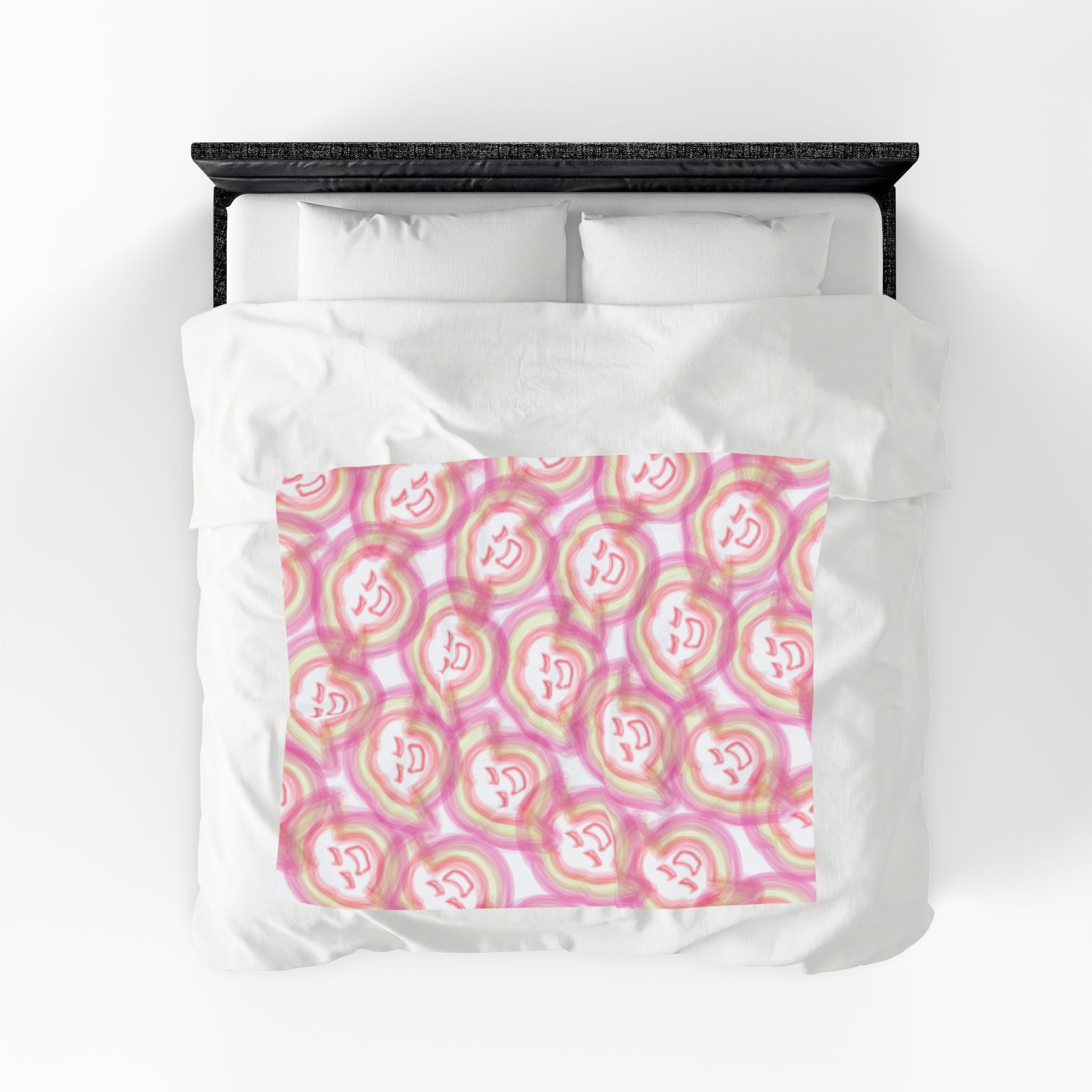 Smiling Rainbow Faces Velveteen Plush Blanket | Pink Watercolor Pattern