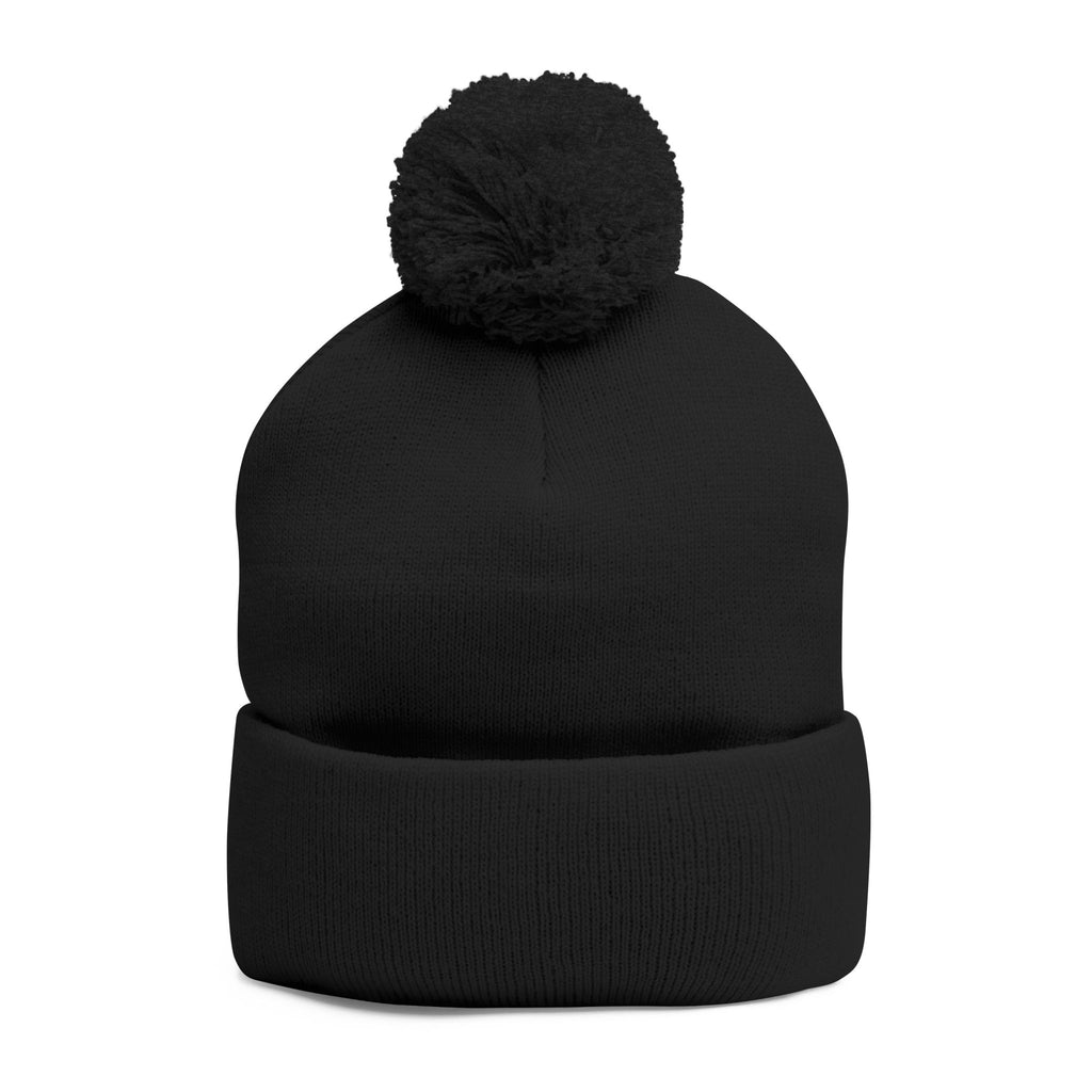 Cat Face Embroidery Beanie | Pom-Pom Knit Cap, Grey Fold-Over Cuff