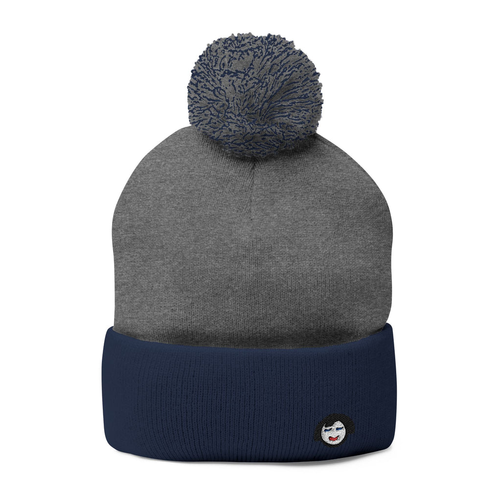 Cat Face Embroidery Beanie | Pom-Pom Knit Cap, Grey Fold-Over Cuff