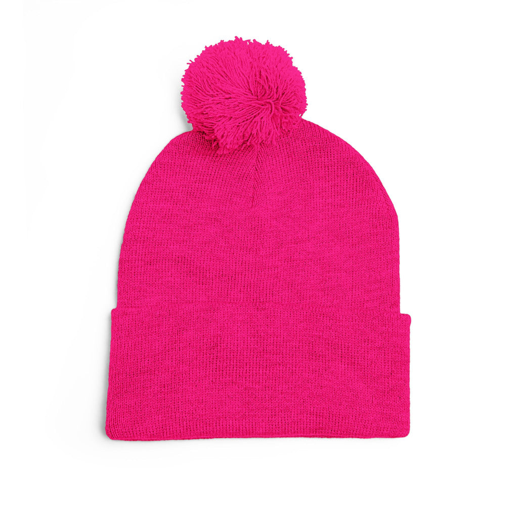 Cat Face Embroidery Beanie | Pom-Pom Knit Cap, Grey Fold-Over Cuff