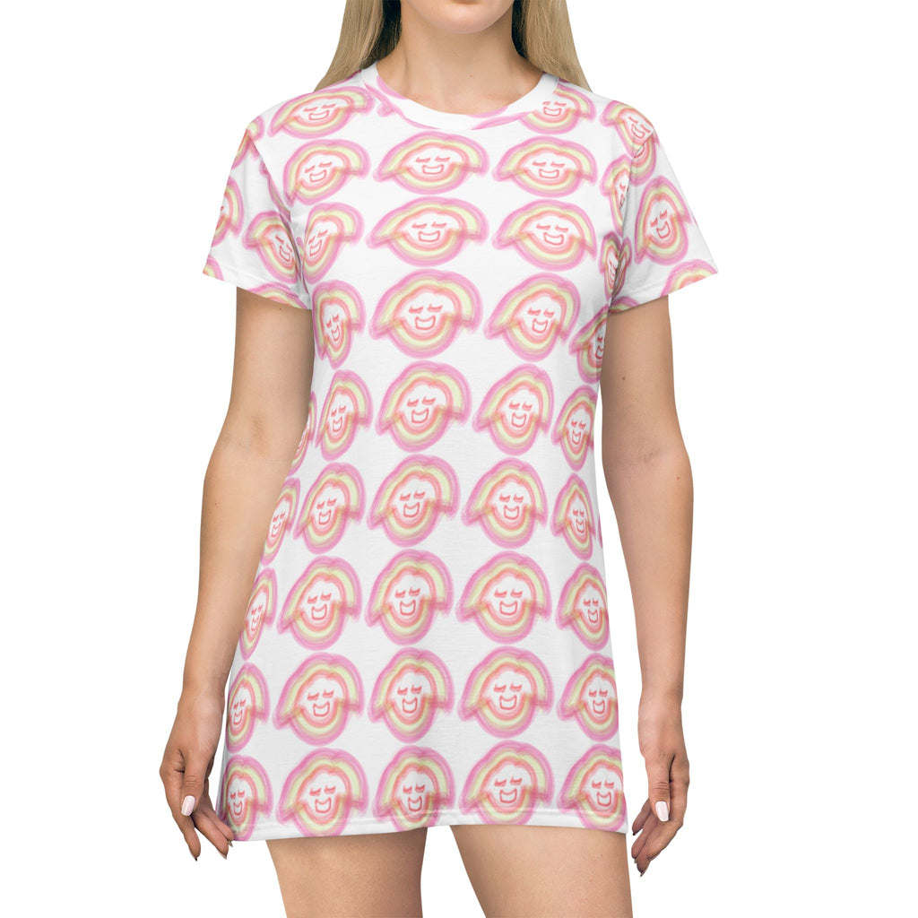 Smiling Rainbow Pattern T-Shirt Dress | Pink All-Over Print