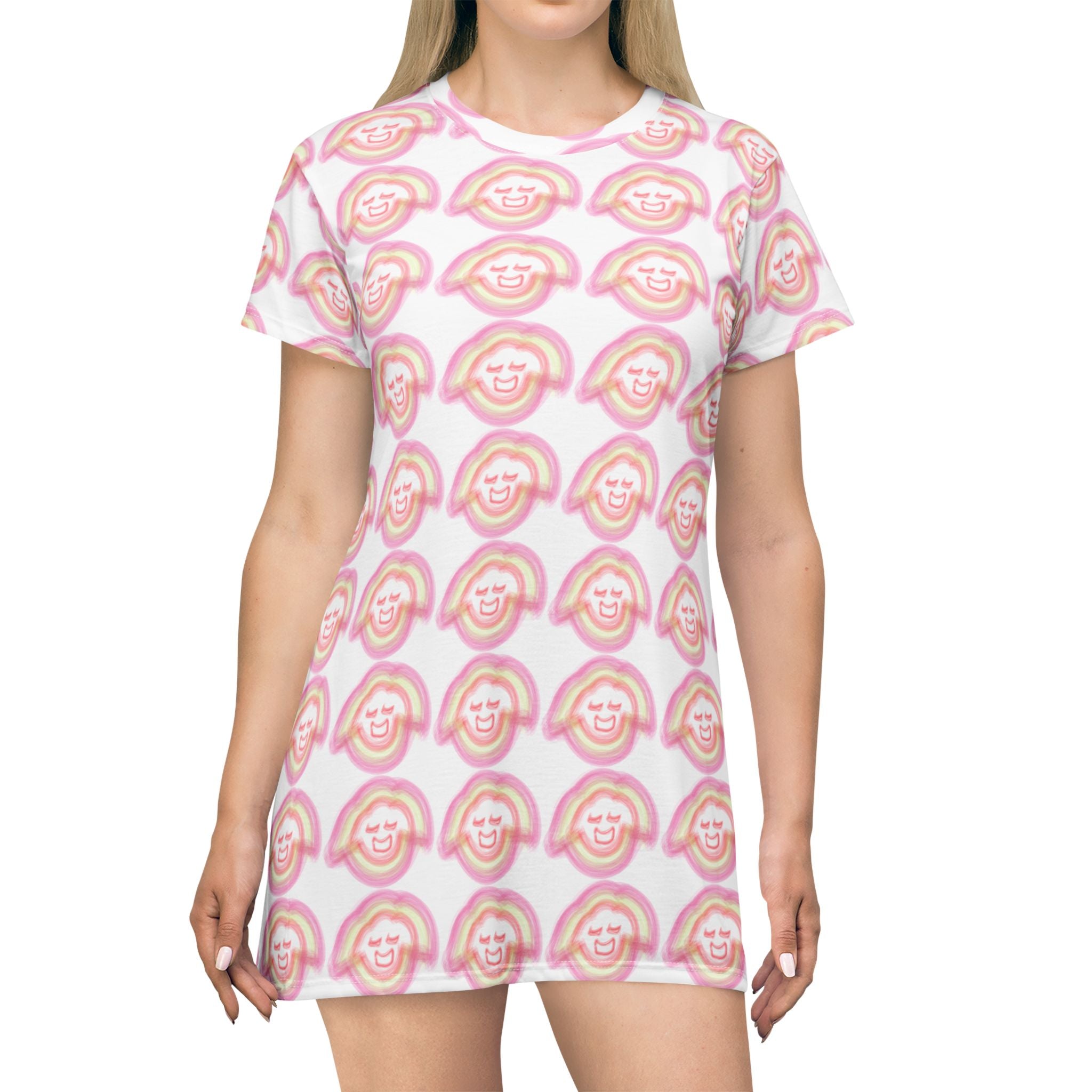Smiling Rainbow Pattern T-Shirt Dress | Pink All-Over Print