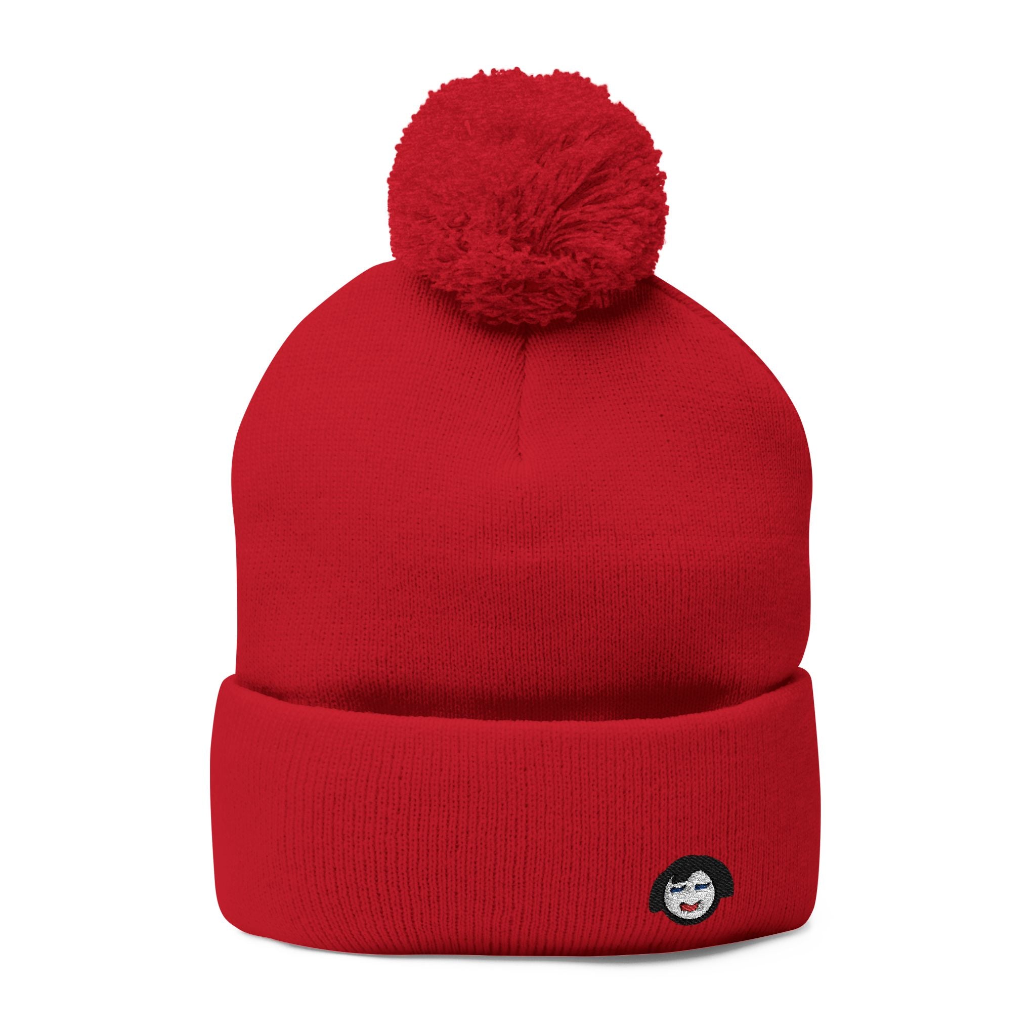 Cat Face Embroidery Beanie | Pom-Pom Knit Cap, Grey Fold-Over Cuff