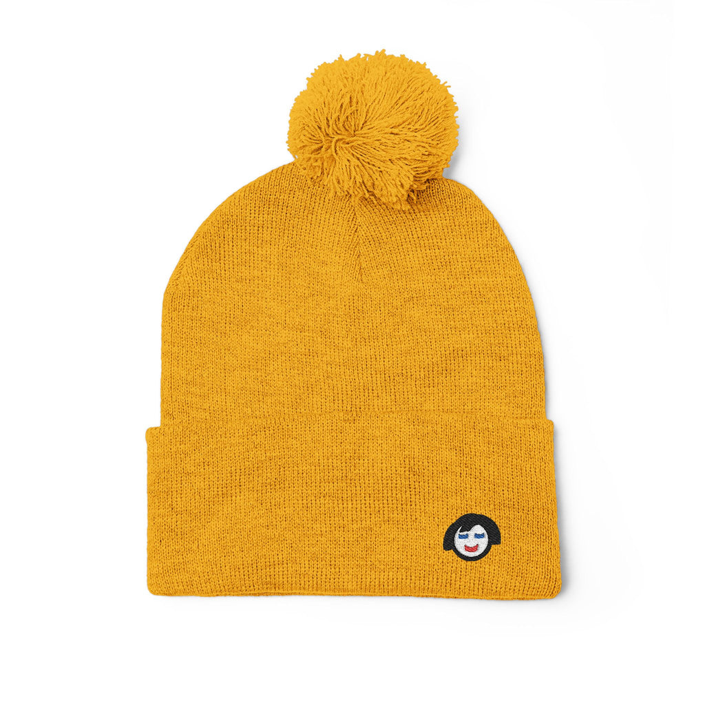 Cat Face Embroidery Beanie | Pom-Pom Knit Cap, Grey Fold-Over Cuff