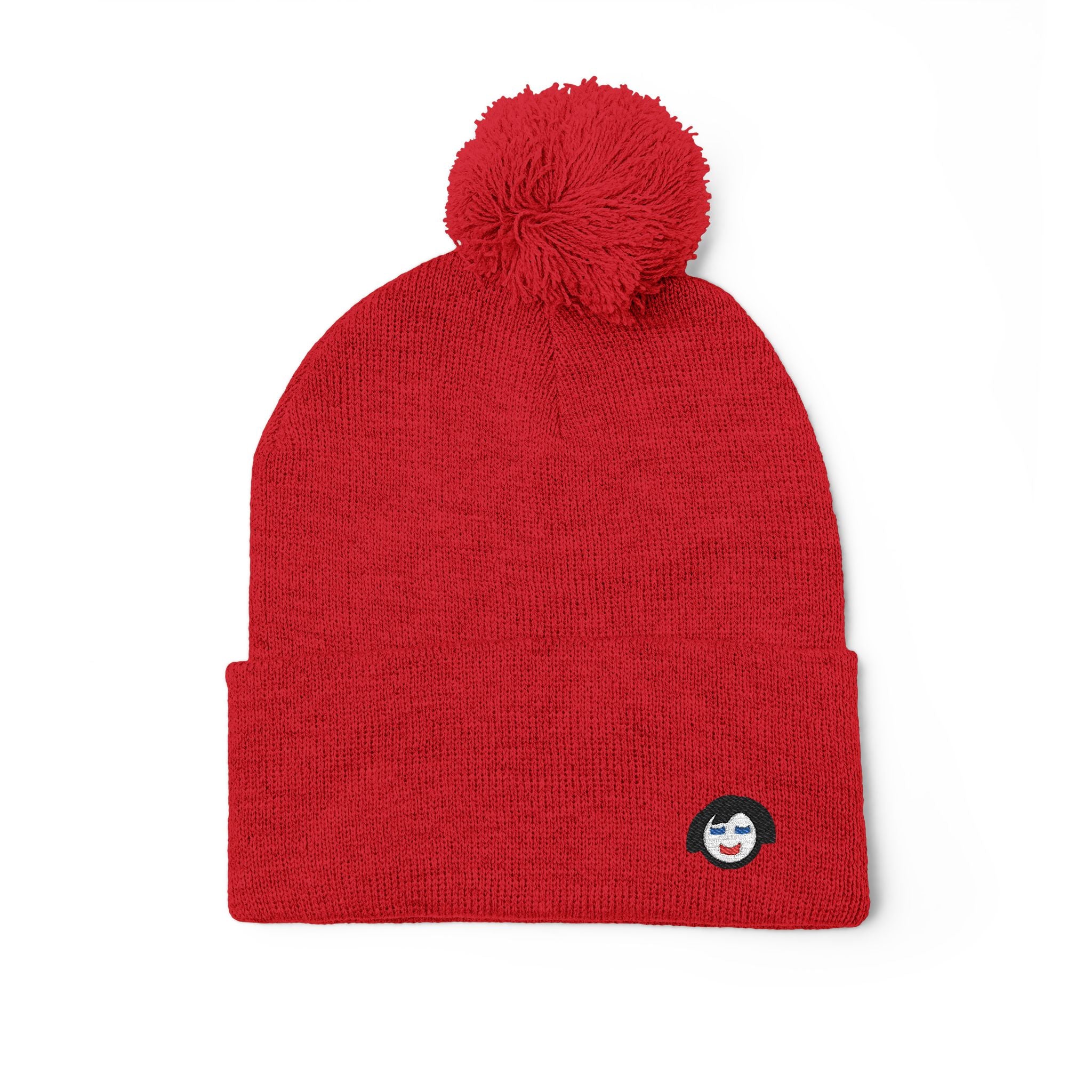 Cat Face Embroidery Beanie | Pom-Pom Knit Cap, Grey Fold-Over Cuff