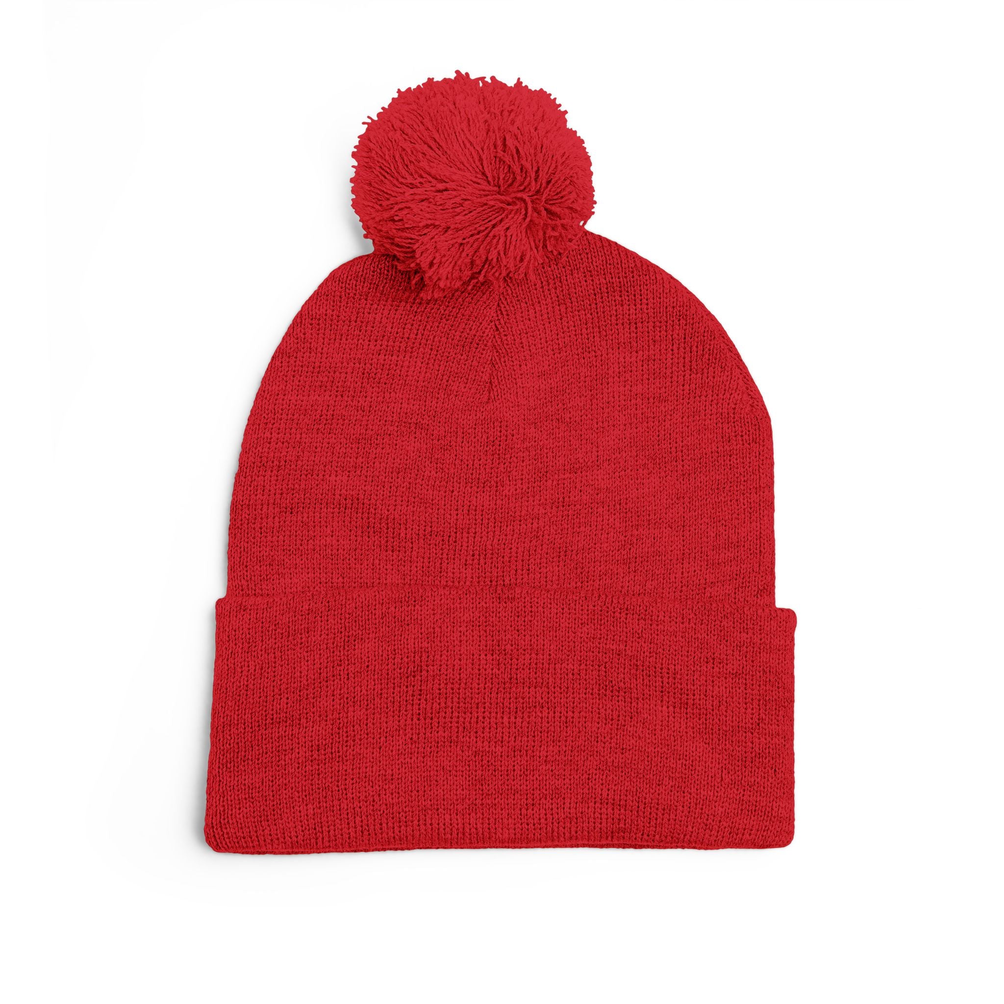 Cat Face Embroidery Beanie | Pom-Pom Knit Cap, Grey Fold-Over Cuff