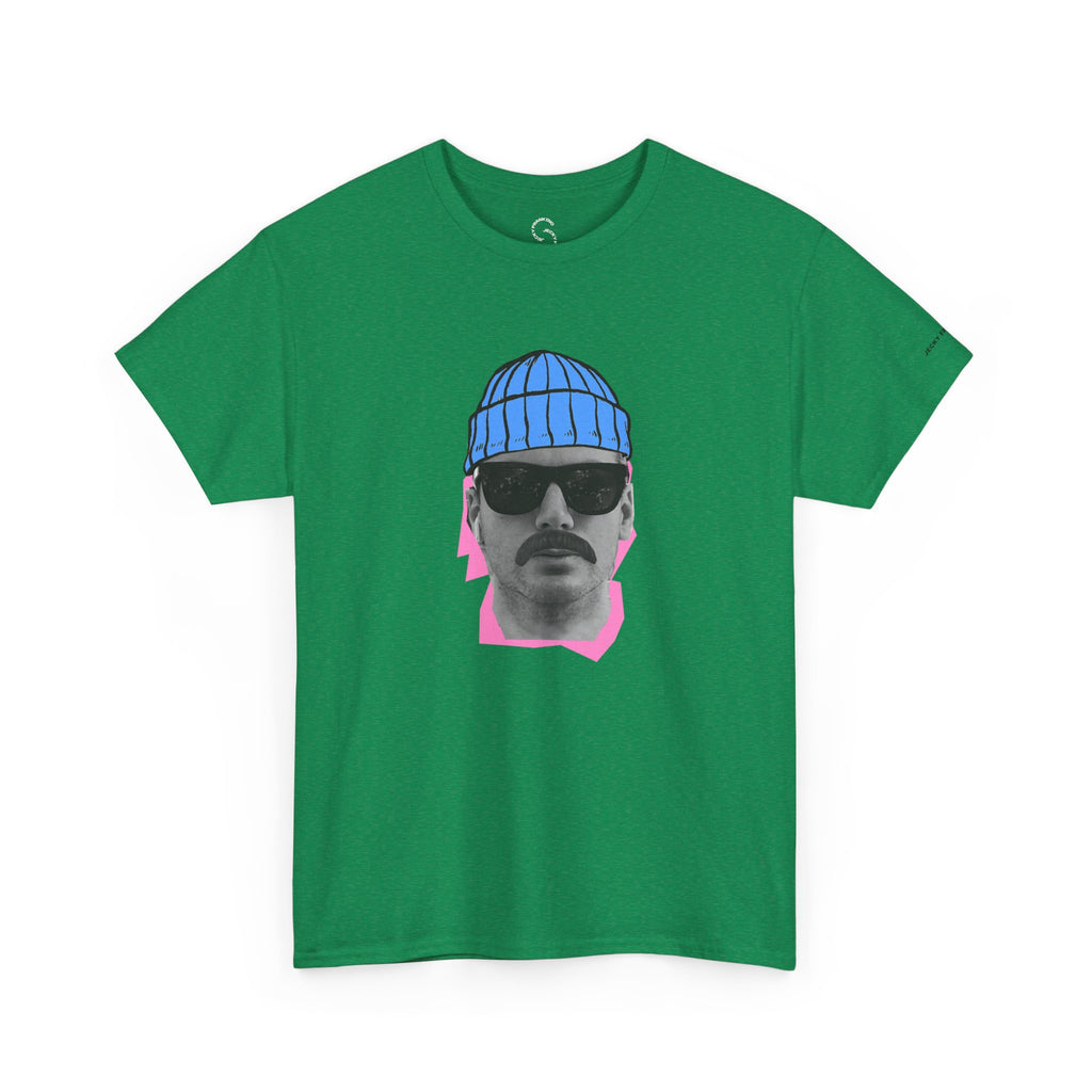 JF Mustached Man with BLU Beanie T-Shirt | Retro Portrait, Sunglasses, Vaporwave Accent