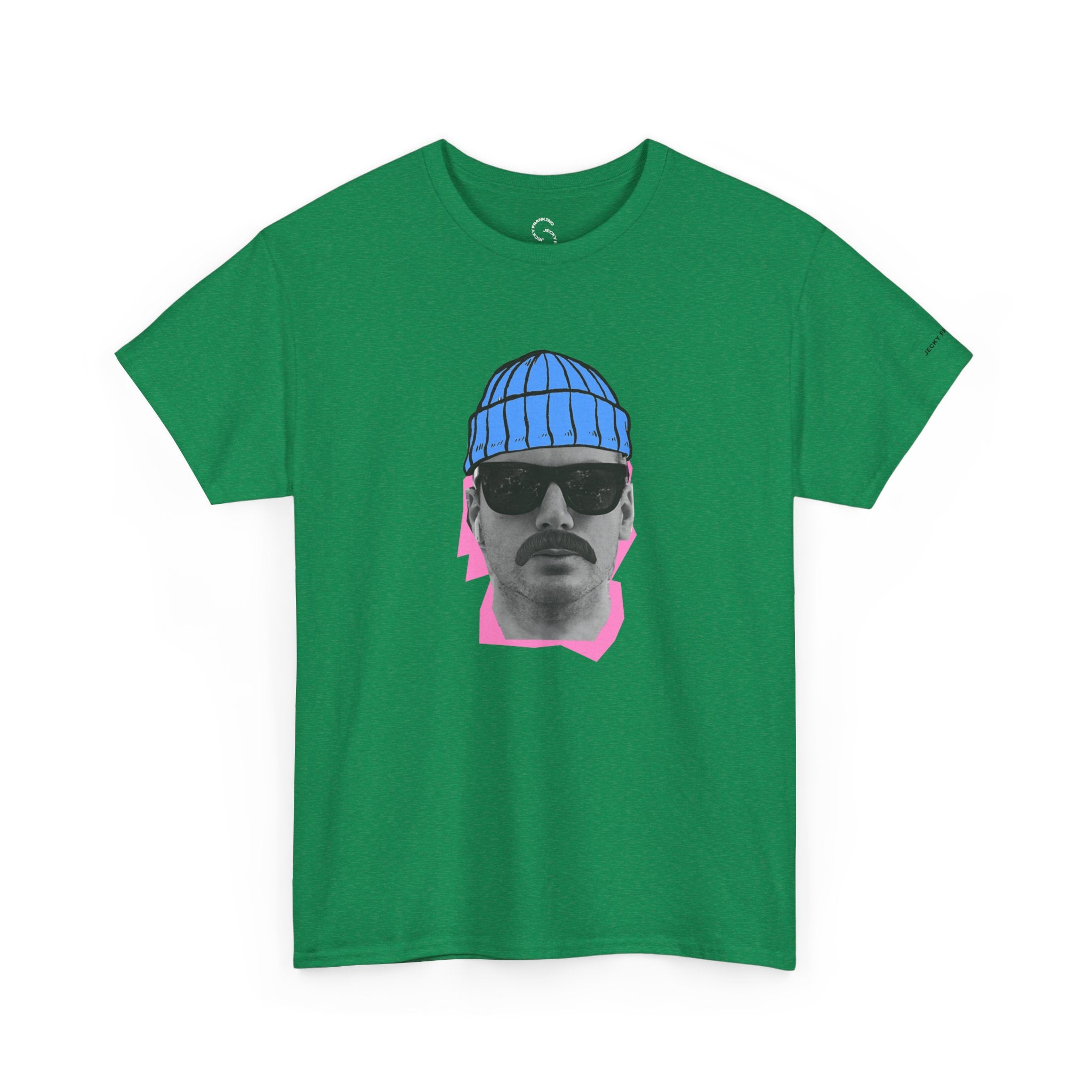 JF Mustached Man with BLU Beanie T-Shirt | Retro Portrait, Sunglasses, Vaporwave Accent