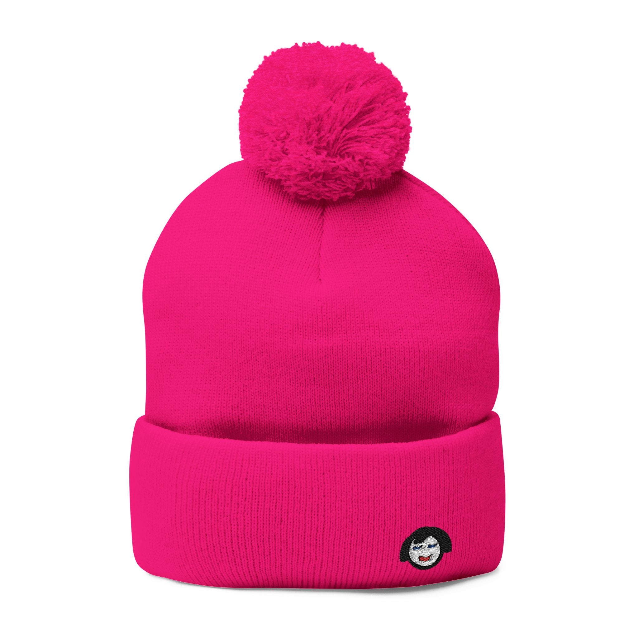 Cat Face Embroidery Beanie | Pom-Pom Knit Cap, Grey Fold-Over Cuff