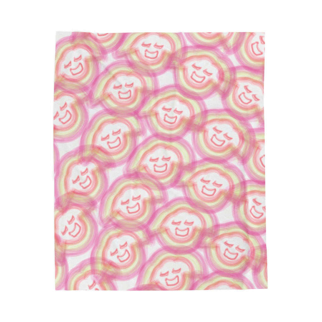 Smiling Rainbow Faces Velveteen Plush Blanket | Pink Watercolor Pattern