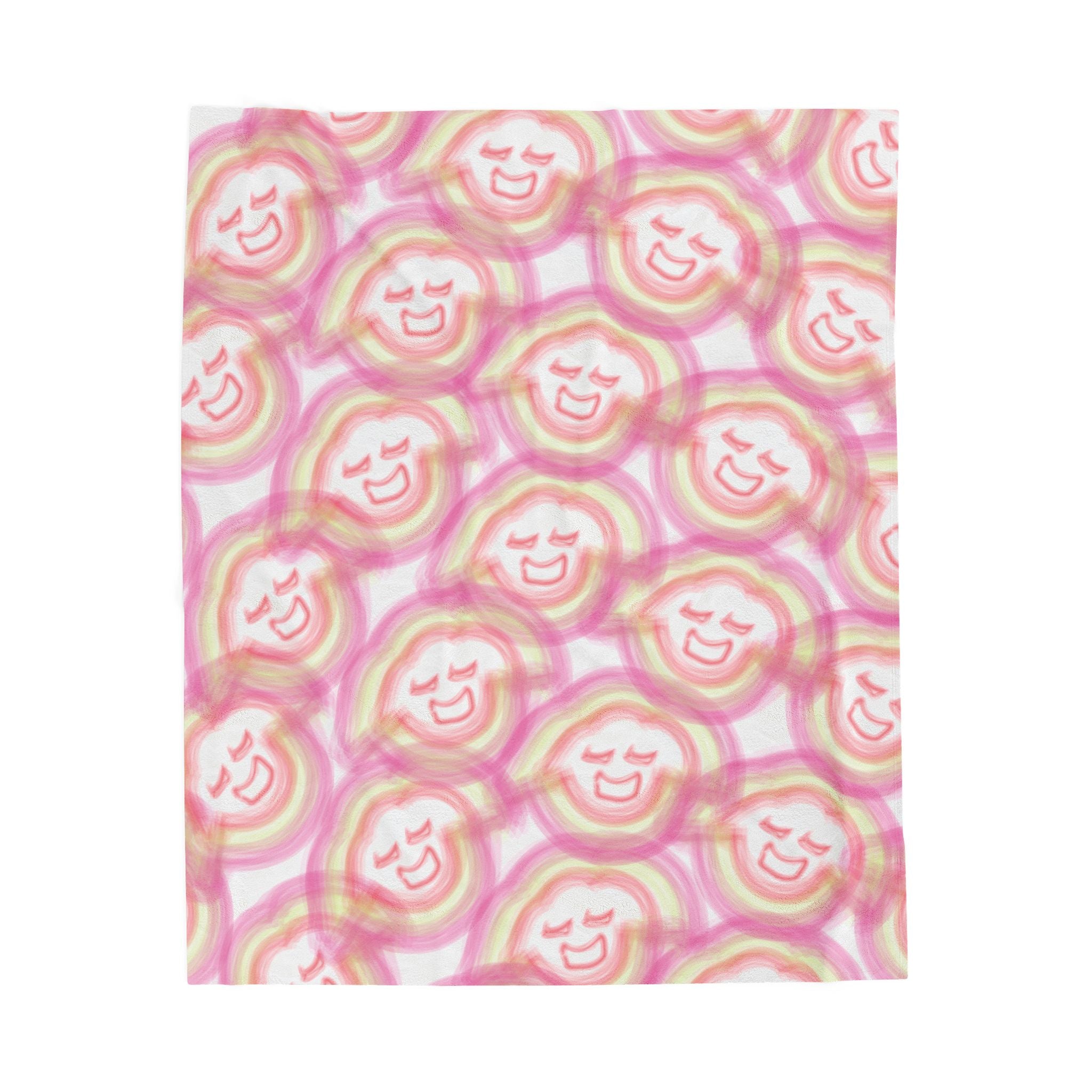 Smiling Rainbow Faces Velveteen Plush Blanket | Pink Watercolor Pattern
