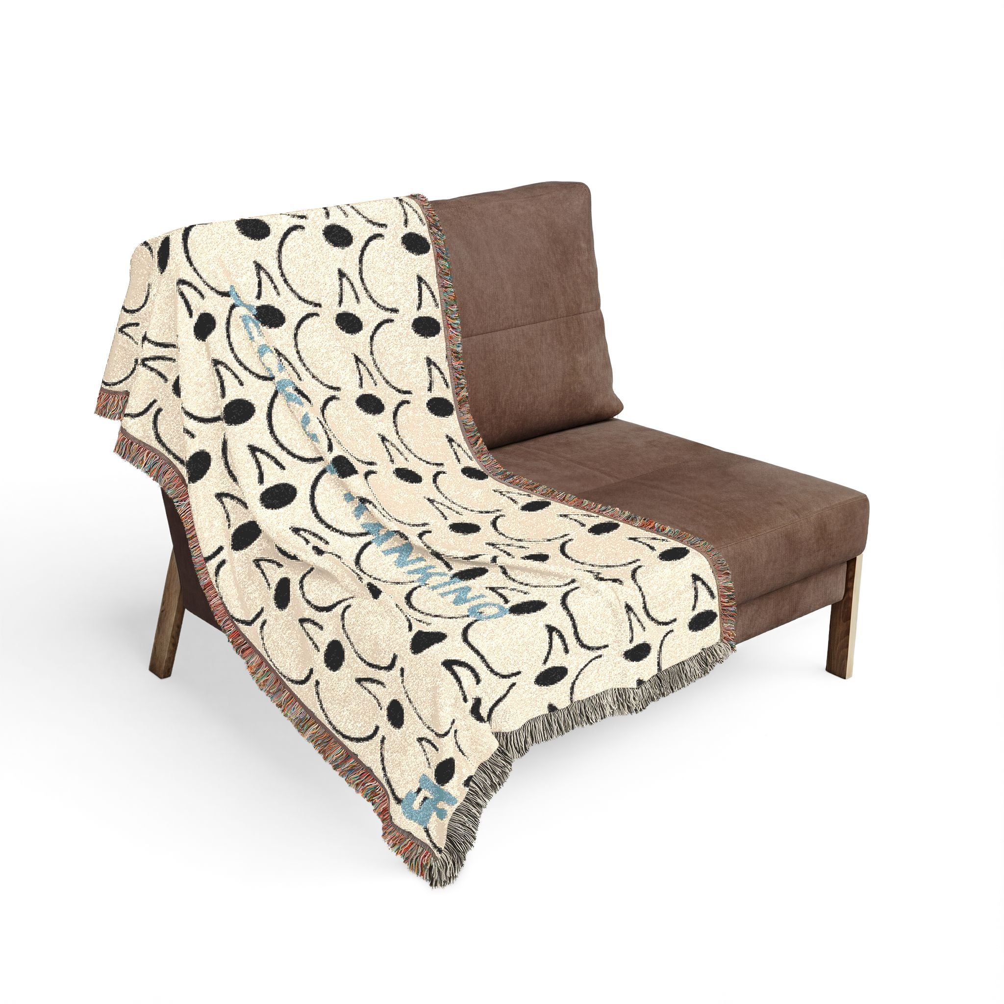 Smiling JECKY FRANKINO Face Woven Blanket | Repeating Skull Design, Neutral Tones