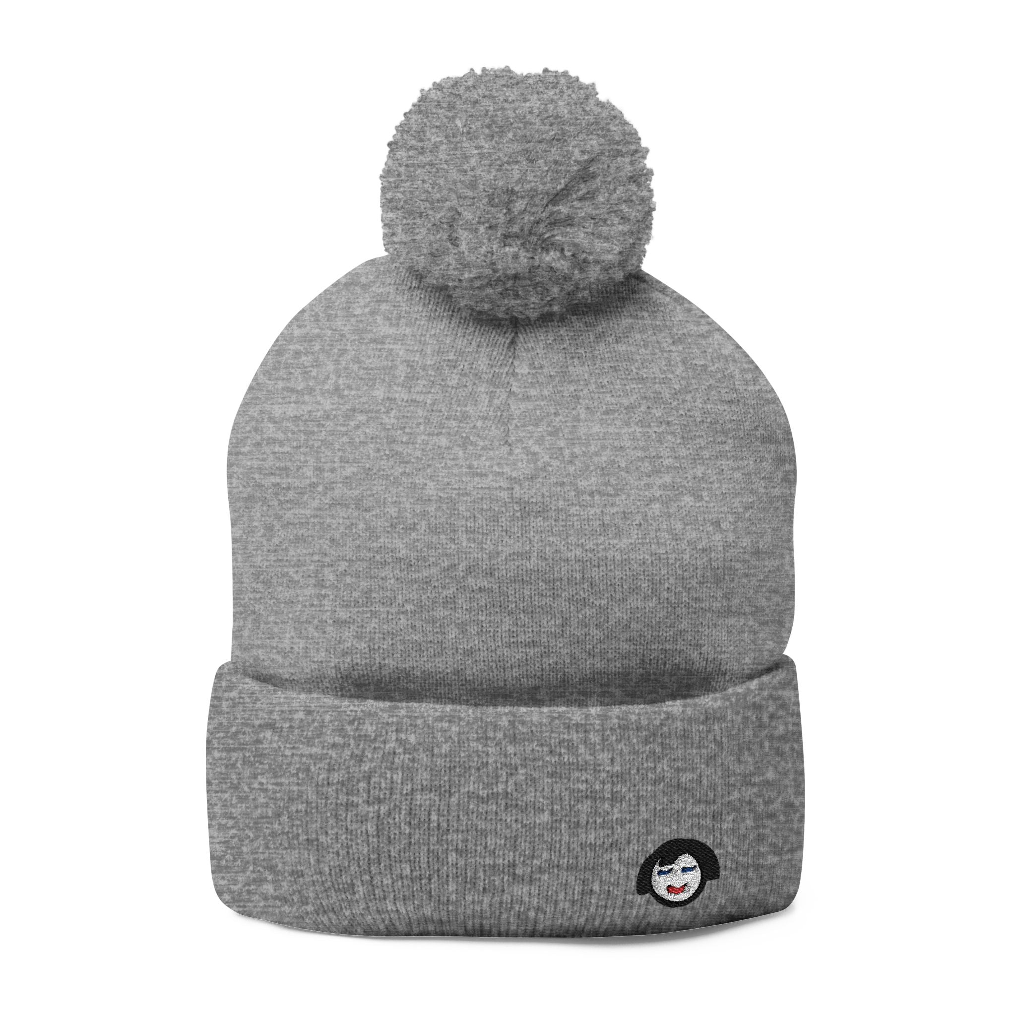 Cat Face Embroidery Beanie | Pom-Pom Knit Cap, Grey Fold-Over Cuff