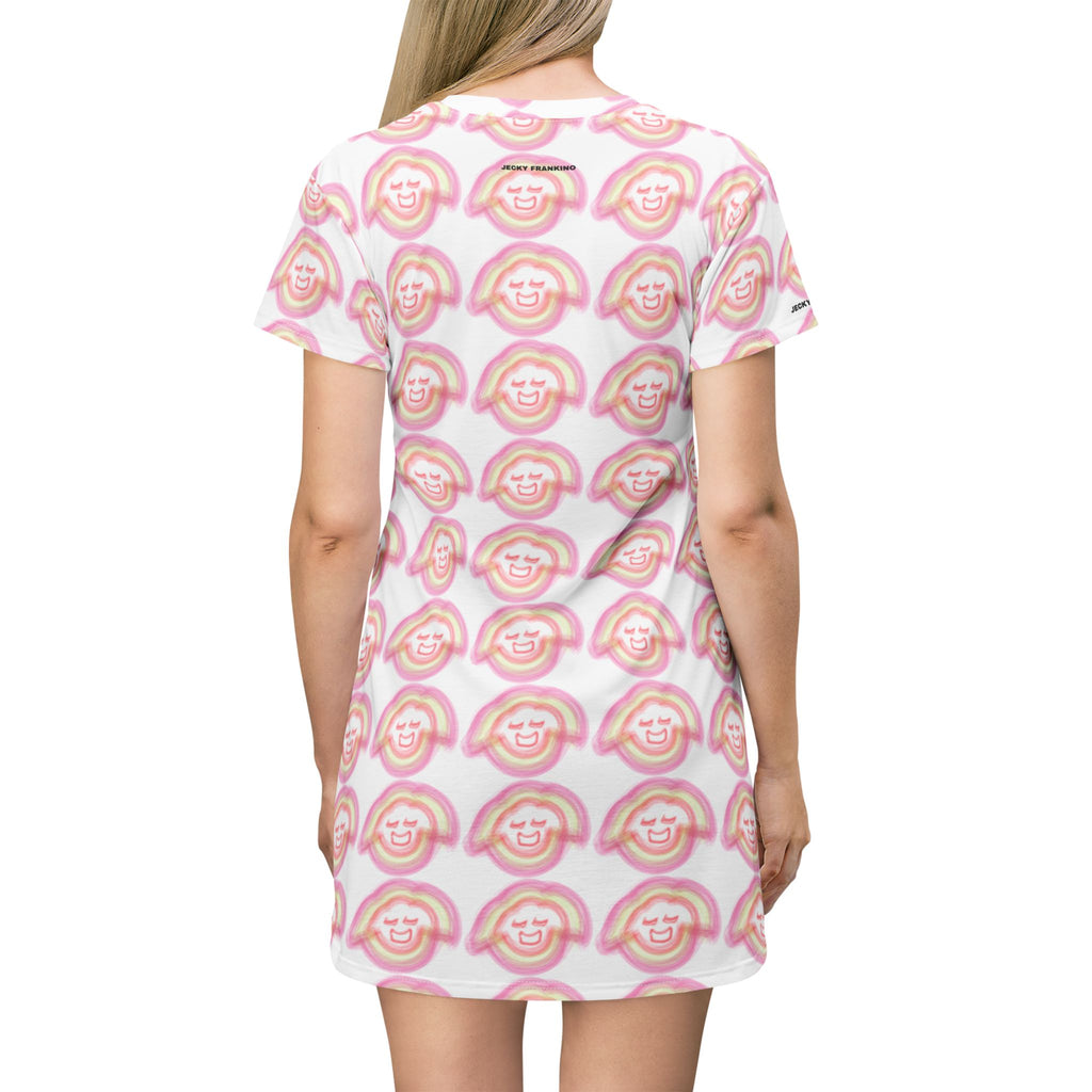 Smiling Rainbow Pattern T-Shirt Dress | Pink All-Over Print