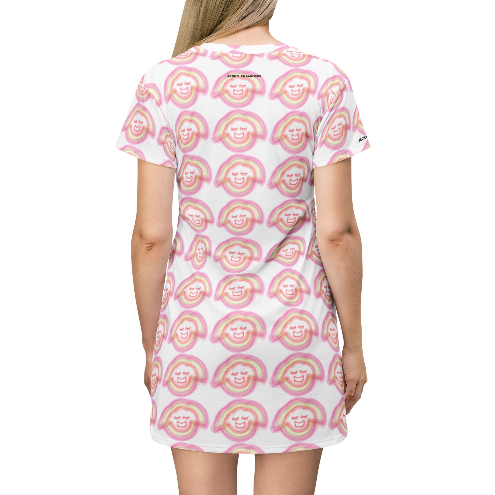 Smiling Rainbow Pattern T-Shirt Dress | Pink All-Over Print