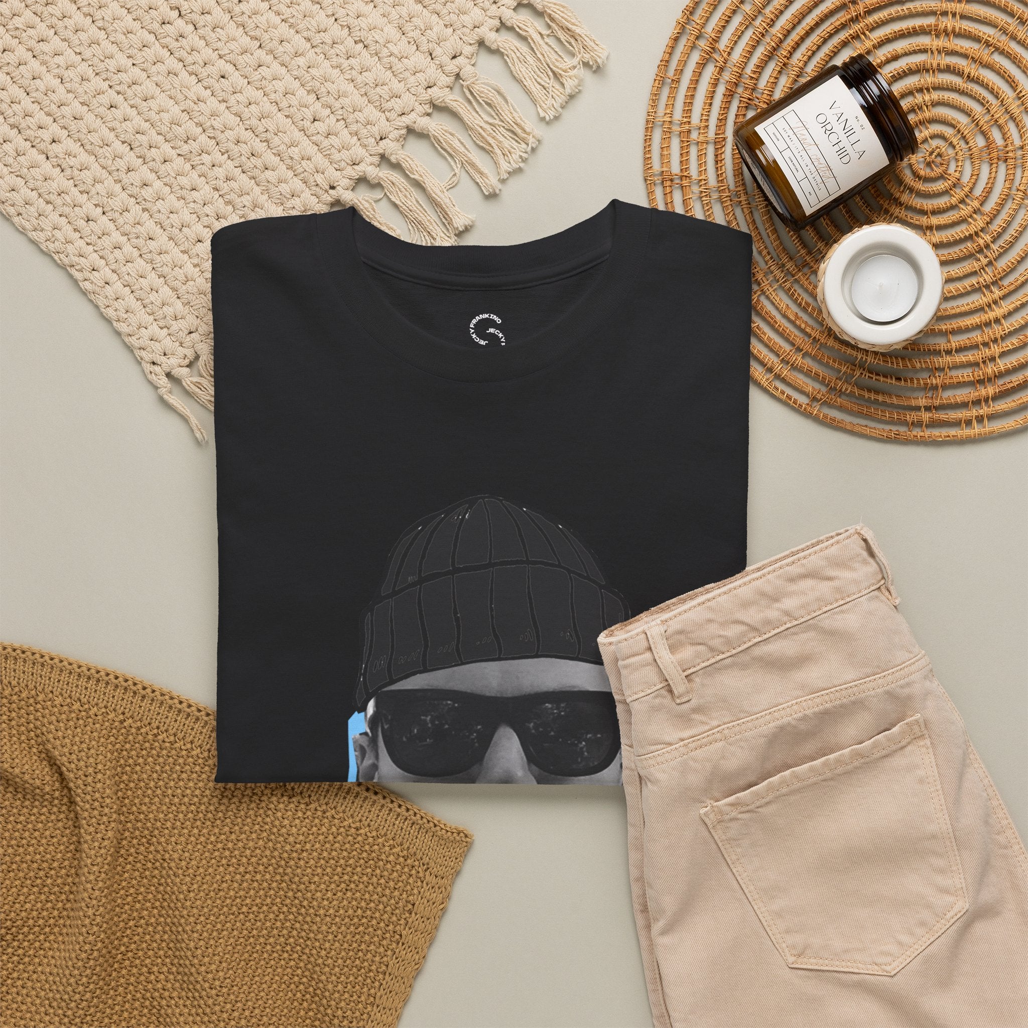 JECKY BLACK Beanie  Man  T-Shirt | Retro Portrait, Sunglasses, Vaporwave Accent