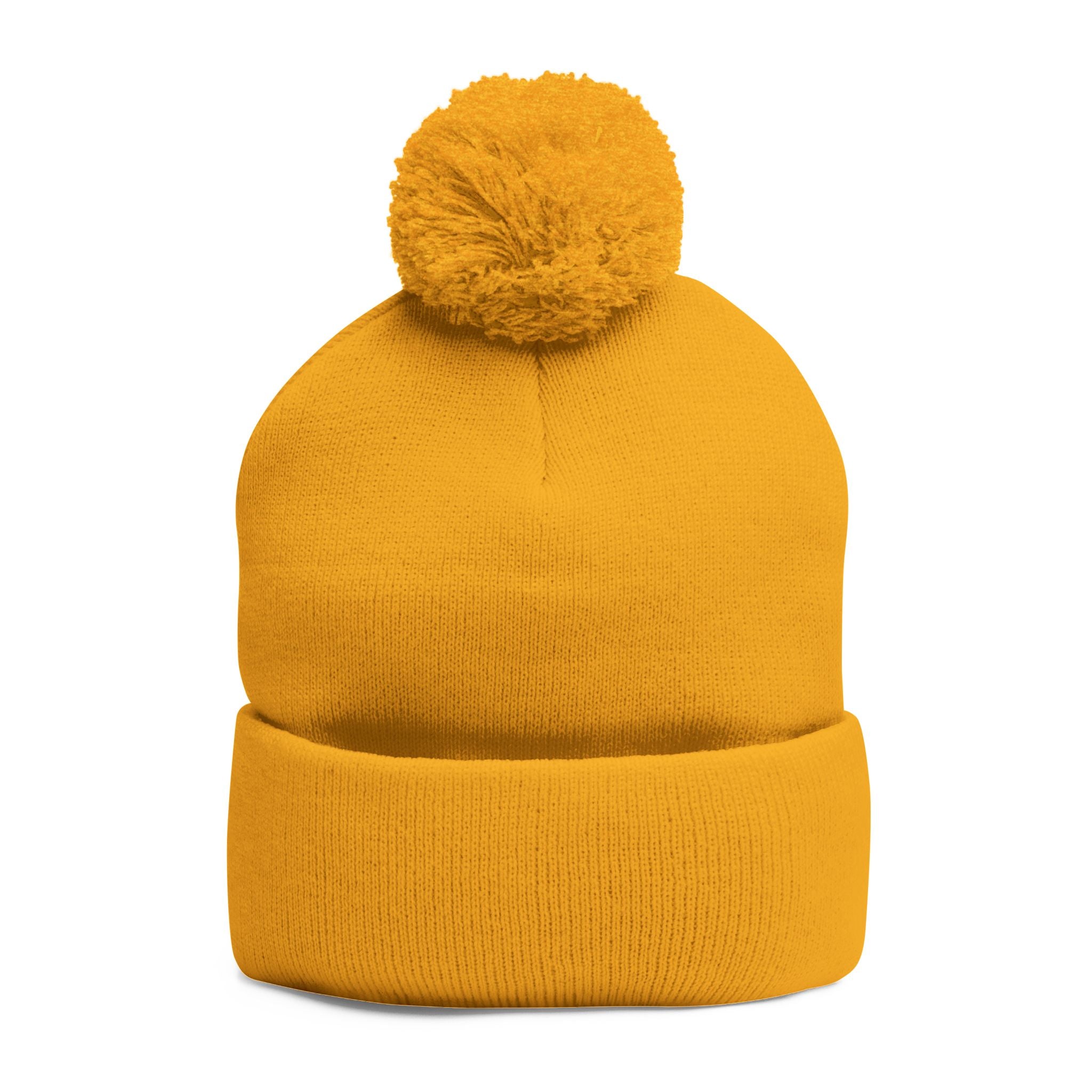 Cat Face Embroidery Beanie | Pom-Pom Knit Cap, Grey Fold-Over Cuff