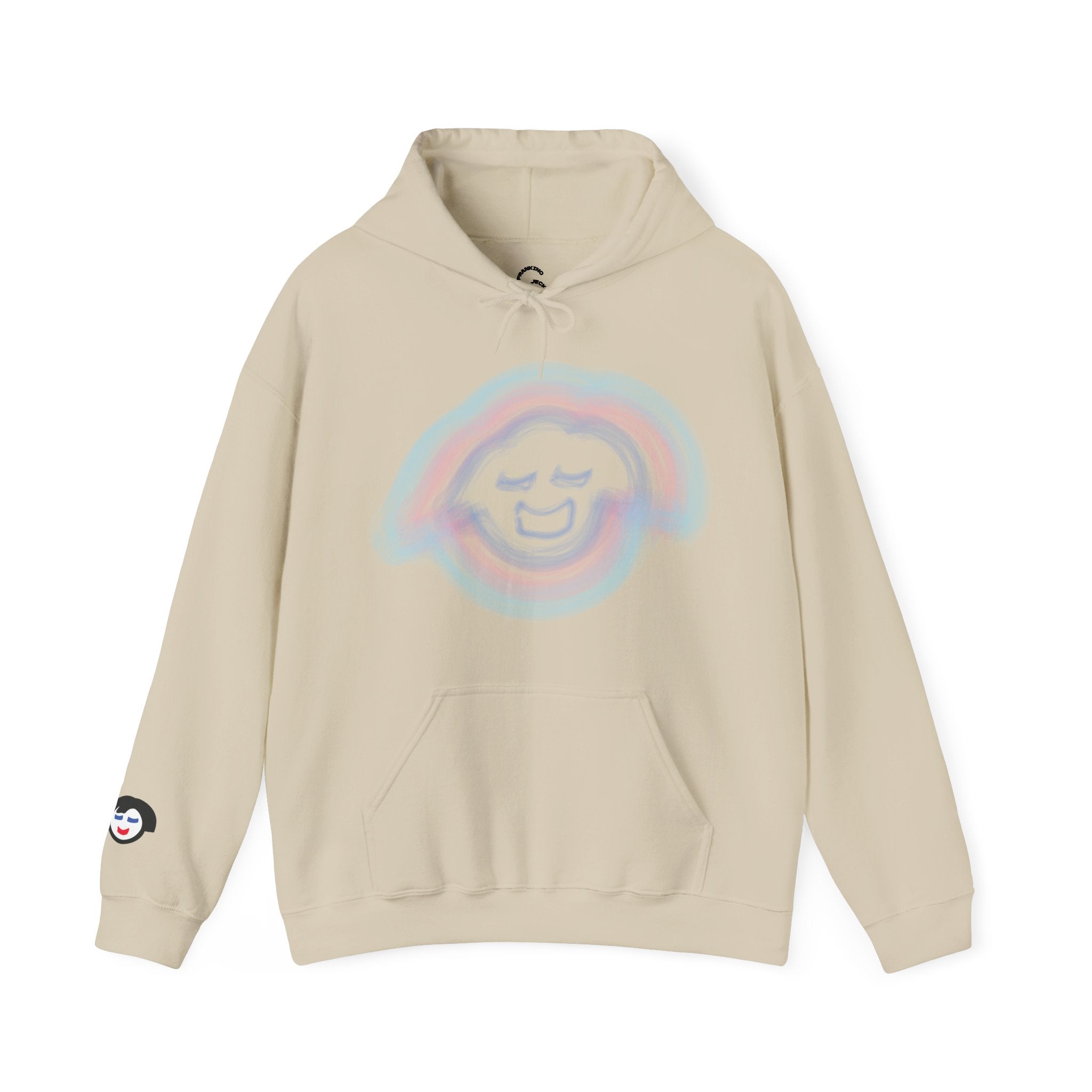 Smiling Rainbow Face JECKY FRANKINO Hoodie | Minimal Pastel Graphic Sweatshirt