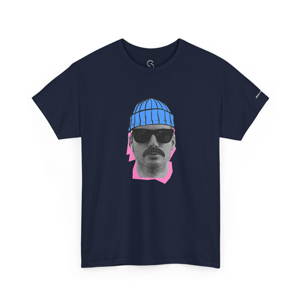 JF Mustached Man with BLU Beanie T-Shirt | Retro Portrait, Sunglasses, Vaporwave Accent