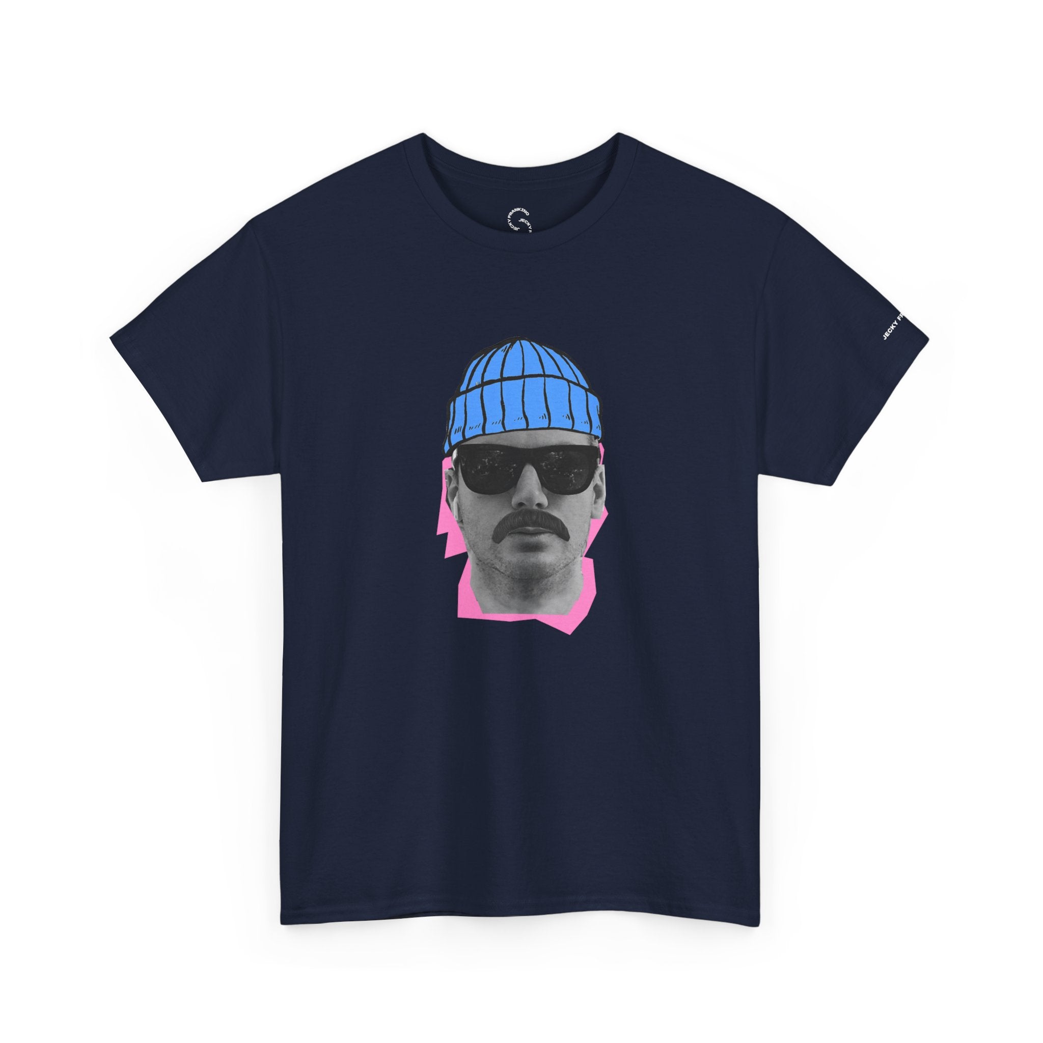 JF Mustached Man with BLU Beanie T-Shirt | Retro Portrait, Sunglasses, Vaporwave Accent