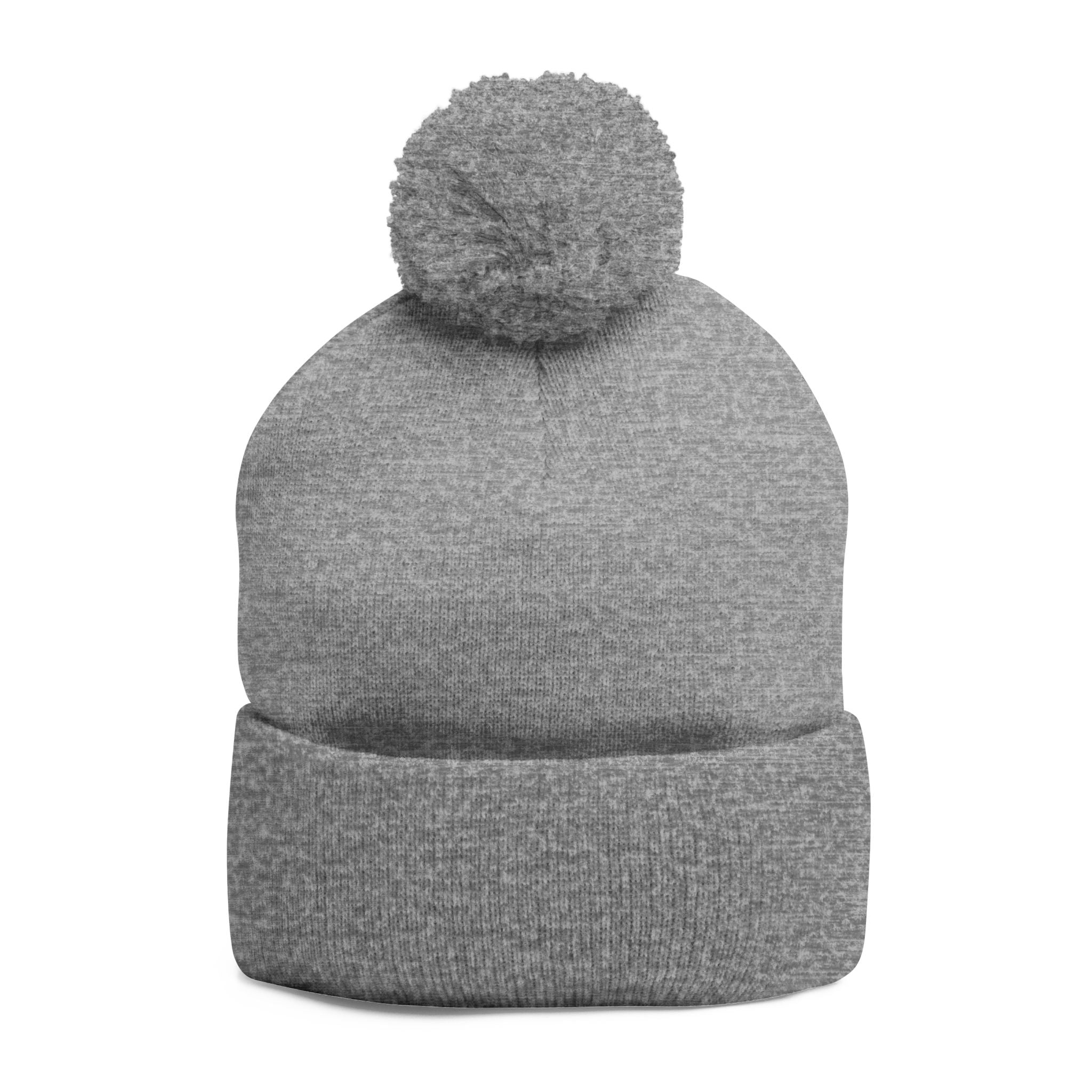 Cat Face Embroidery Beanie | Pom-Pom Knit Cap, Grey Fold-Over Cuff