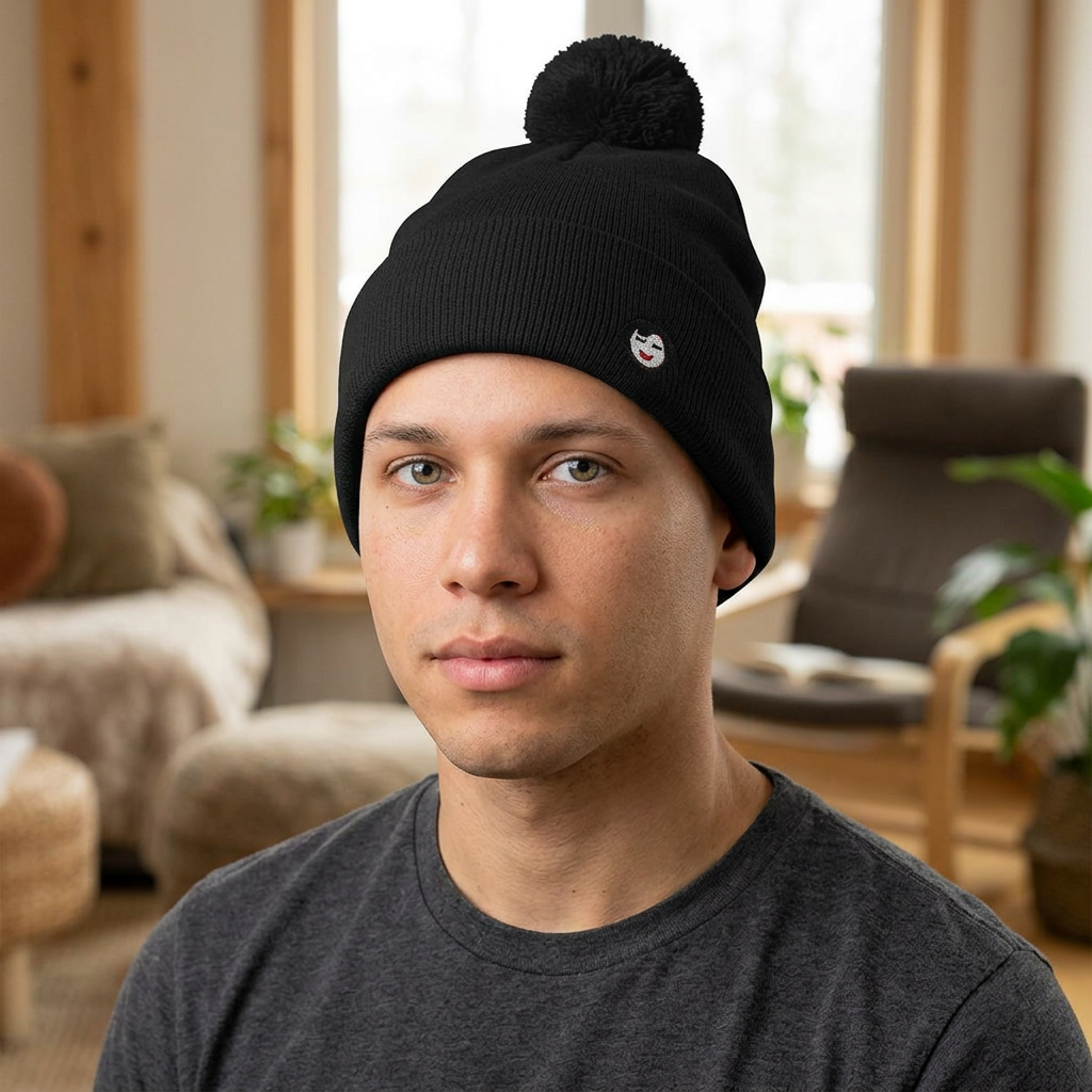 Cat Face Embroidery Beanie | Pom-Pom Knit Cap, Grey Fold-Over Cuff