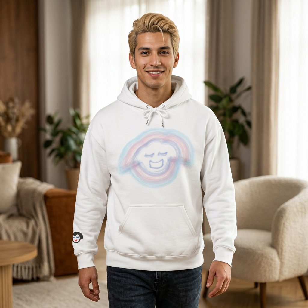 Smiling Rainbow Face JECKY FRANKINO Hoodie | Minimal Pastel Graphic Sweatshirt
