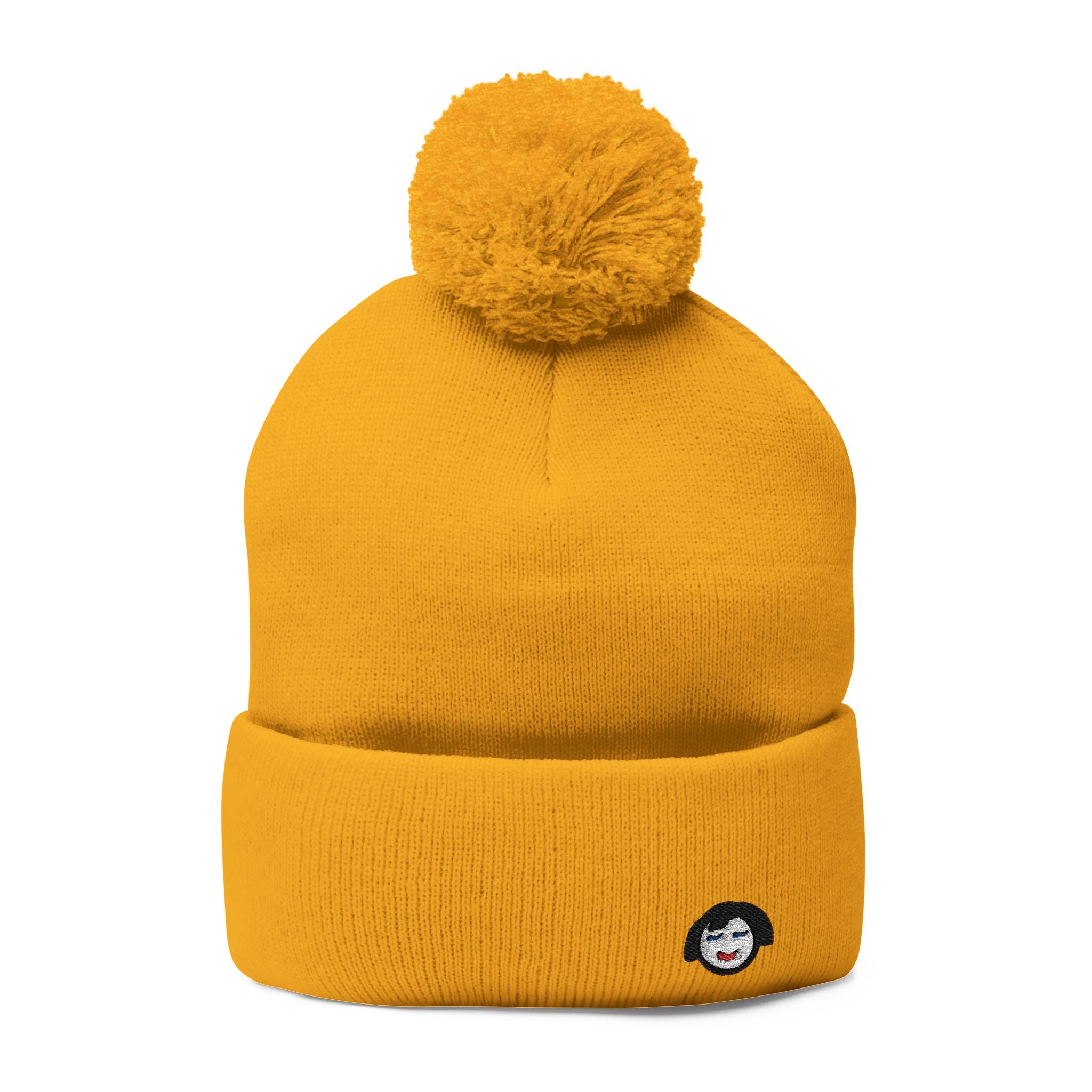Cat Face Embroidery Beanie | Pom-Pom Knit Cap, Grey Fold-Over Cuff